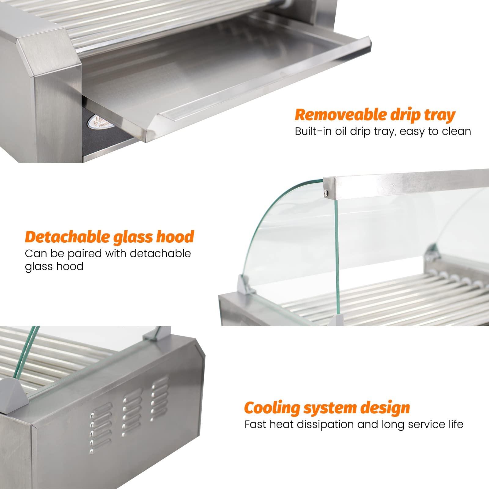 Commercial Hot Dog Roller Grill - 11 Stainless Steel Rollers for Hot Dogs, Sausages & More - Perfect for Restaurants, Food Trucks & Concession Stands