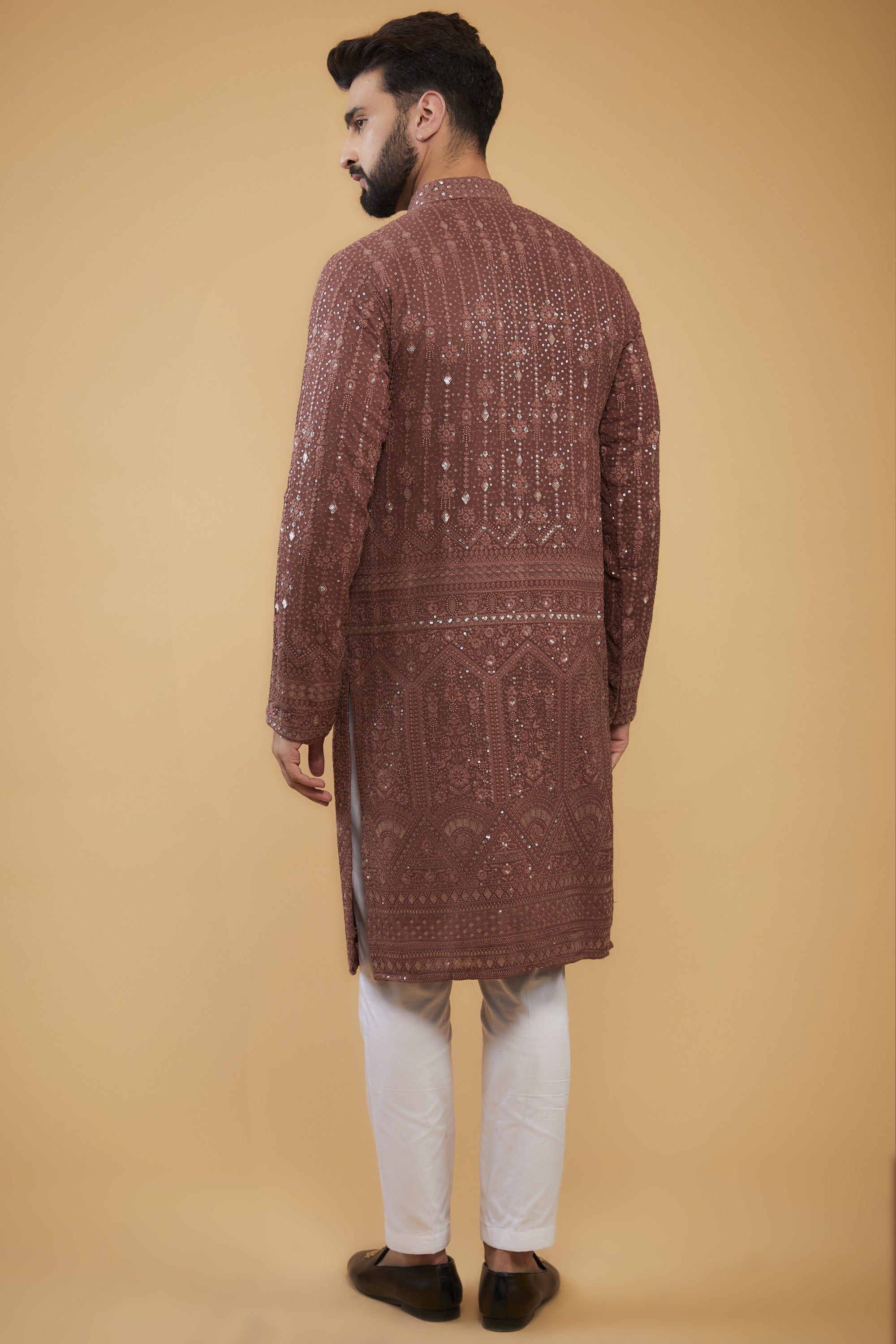 Elegant Mauve Taupe & Brown Sequined Kurta with Detailed Embroidered Border - Perfect for Festivals, Weddings, and Special Occasions