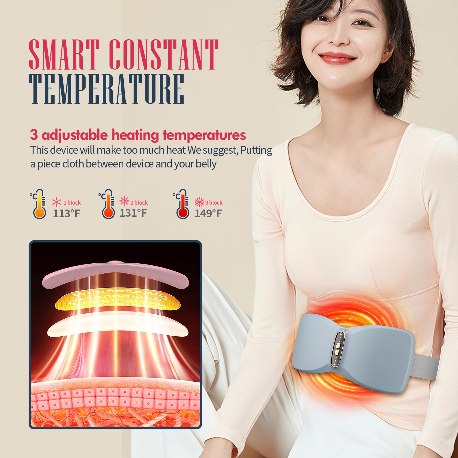 Portable Cordless Heating Pad for Cramps & Pain Relief - Electric Heating Pad with 3 Heat Levels & 3 Vibration Massage Modes - Fast Heating for Belly, Back & Muscle Pain - Perfect for Period Cramps, Backaches & Relaxation at Home or Office