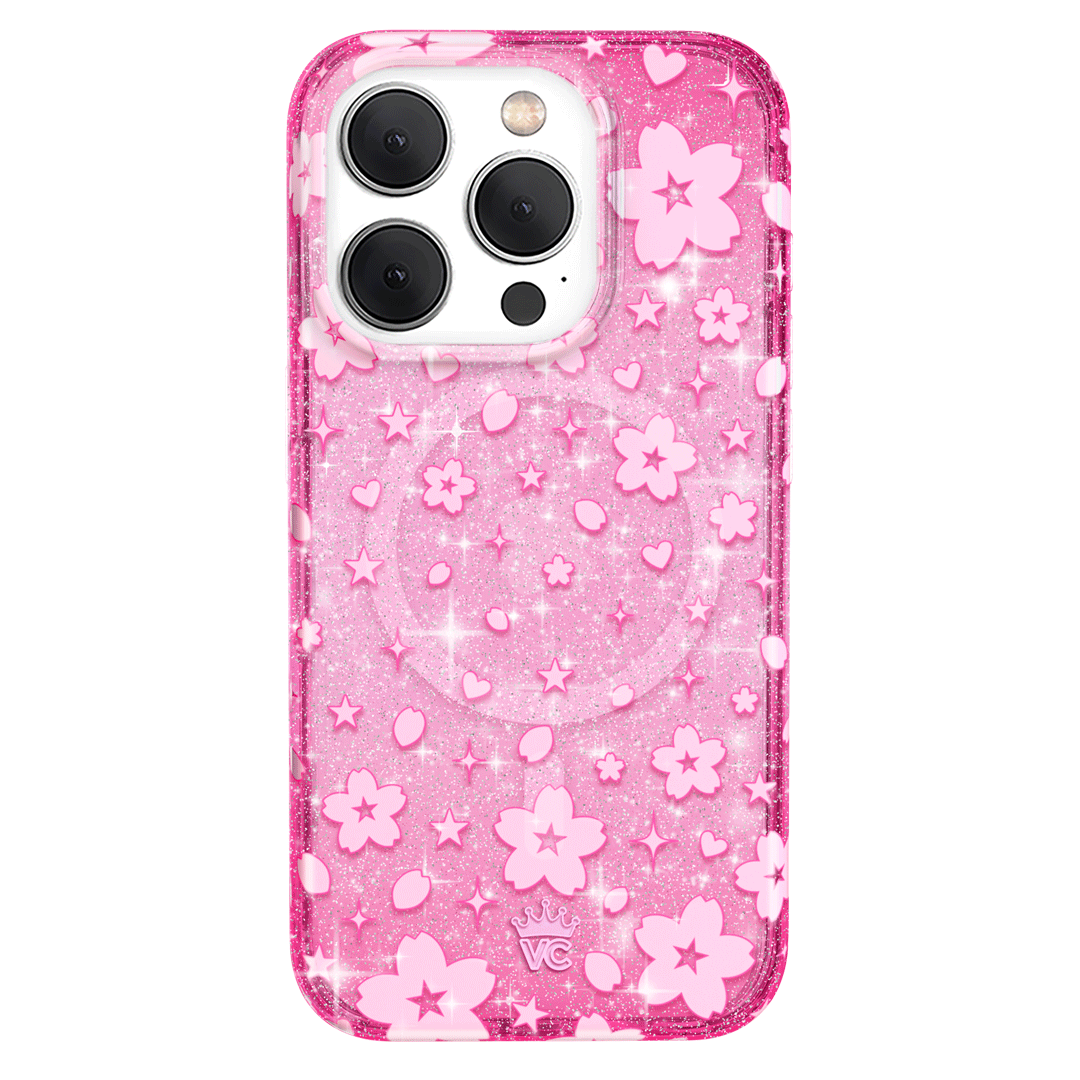Cherry Blossom Glitter iPhone Case - Sparkling Floral Phone Cover for iPhone 13/14/15, Durable Shockproof Protection - Perfect for Spring Outfits & Everyday Use