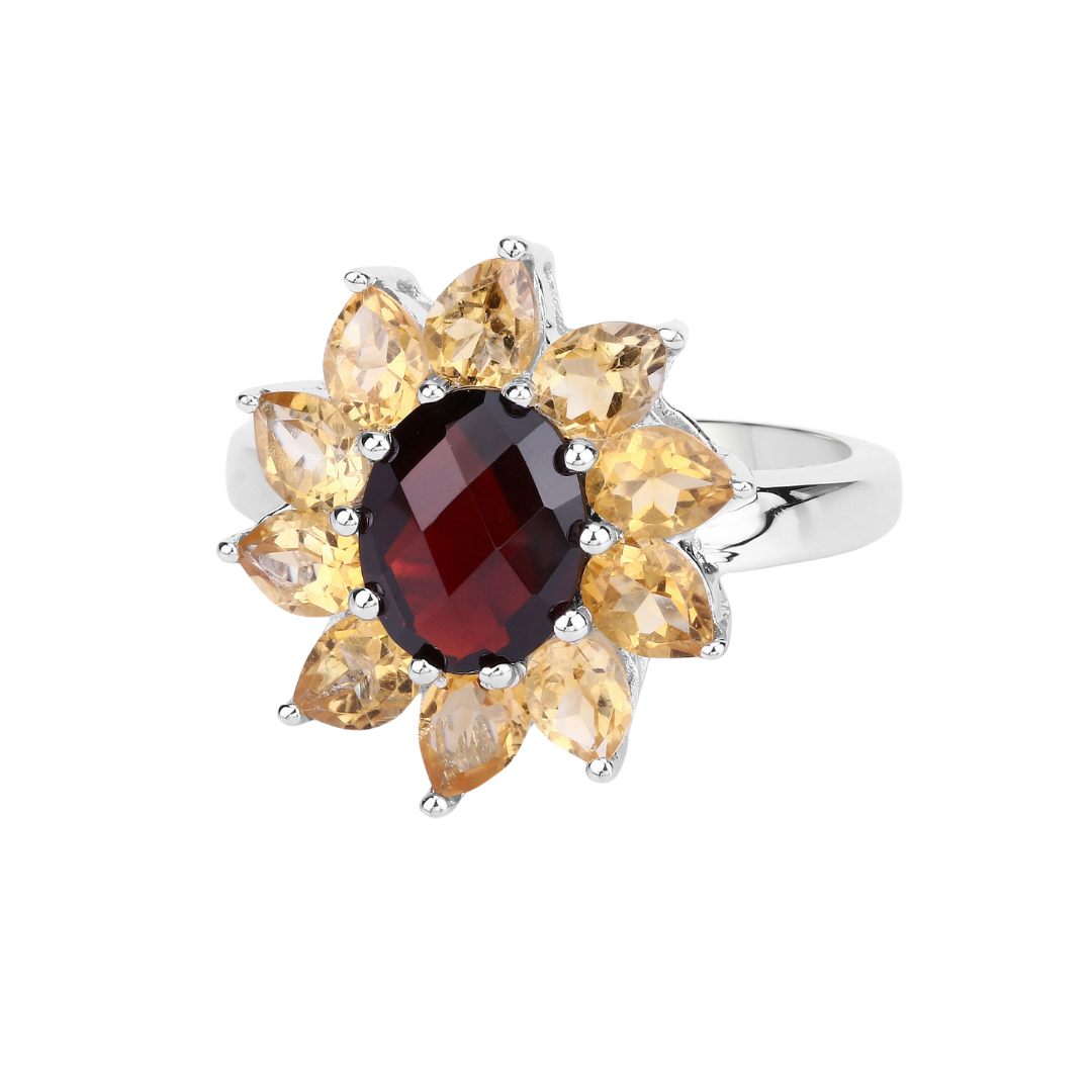 Natural Garnet and Citrine Sunflower Ring for Women - Handmade Bohemian Jewelry - Perfect for Weddings, Parties & Everyday Wear