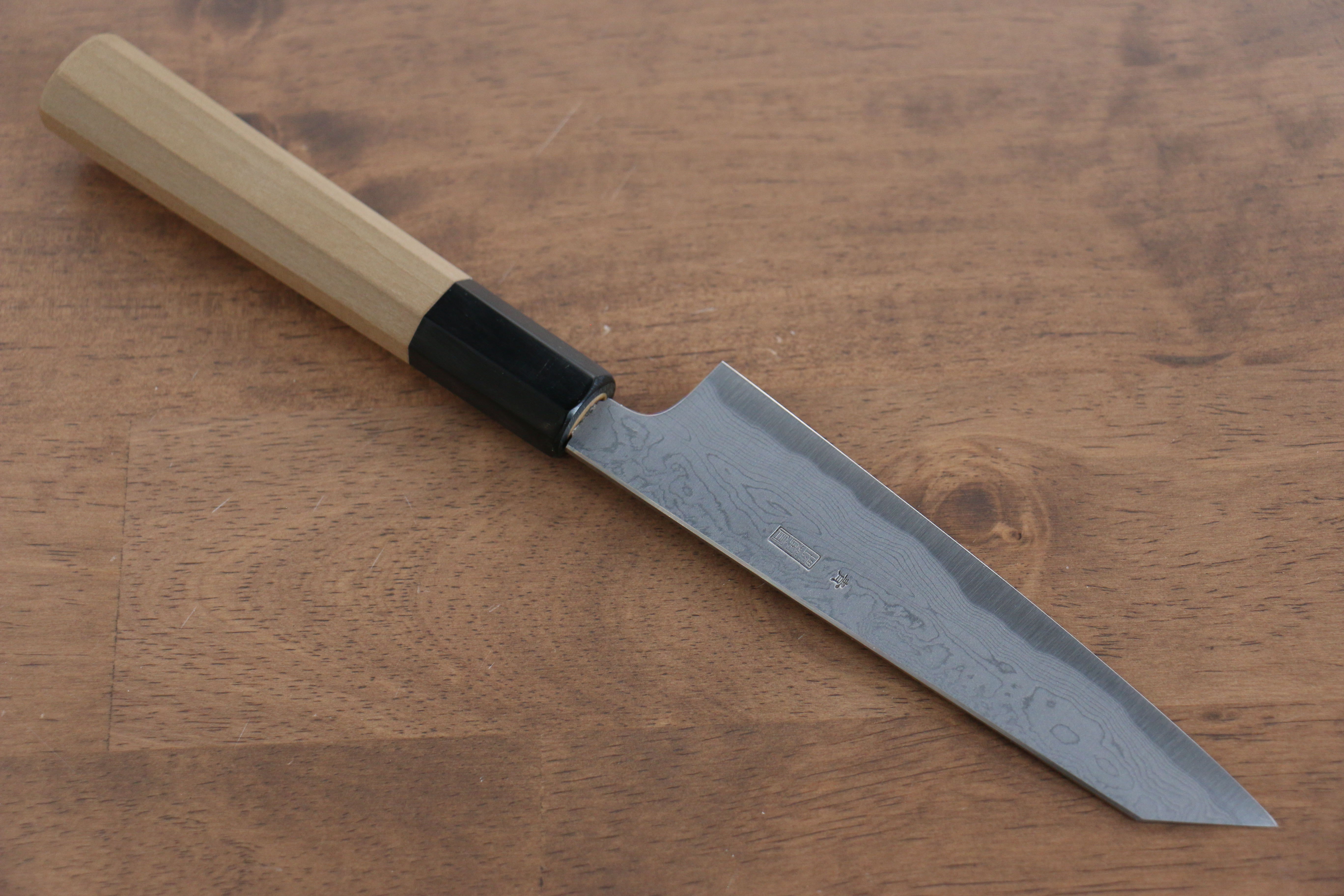 Premium Kikuzuki Blue Steel No.1 Damascus Kiritsuke Petty Knife 135mm with Magnolia Wood Handle - Perfect for Sushi, Vegetables & Precision Kitchen Tasks