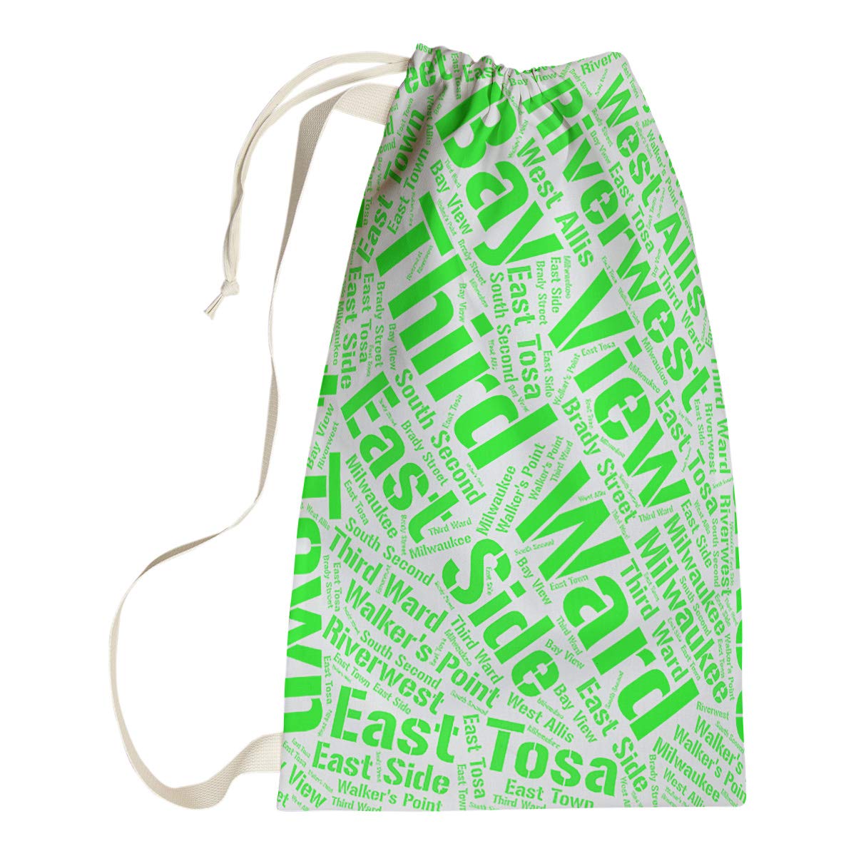 Green Laundry Bag with Milwaukee & Wisconsin Districts Word Art - Durable & Stylish for College Dorms, Apartments & Travel