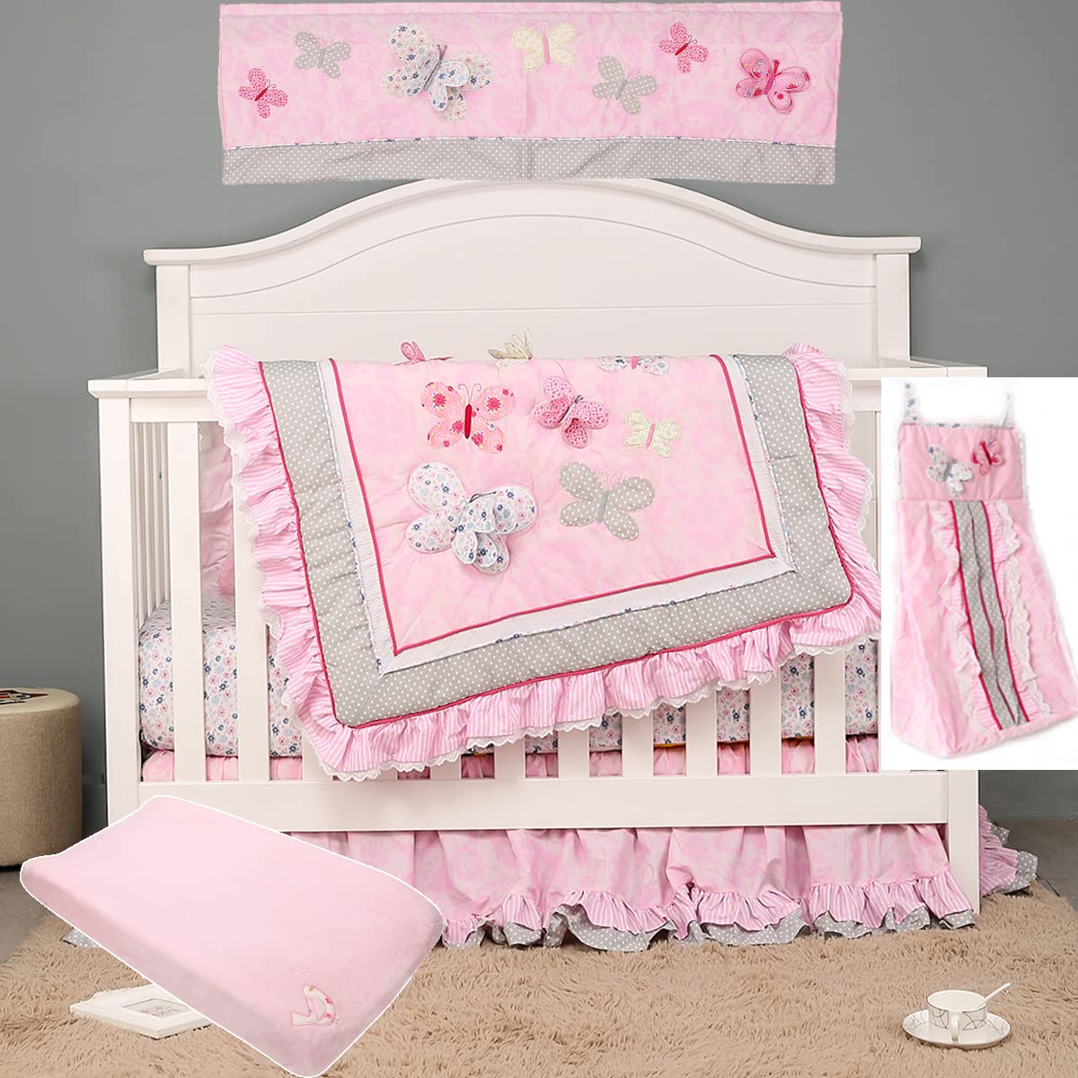 CribMATE 6-Piece Pink Butterfly Embroidery Baby Girl Nursery Crib Bedding Set - Includes 3D Cot, Quilt, Fitted Sheet, Skirt, Valance, Changing Pad Cover & Diaper Storage Bag - White & Blue, 28