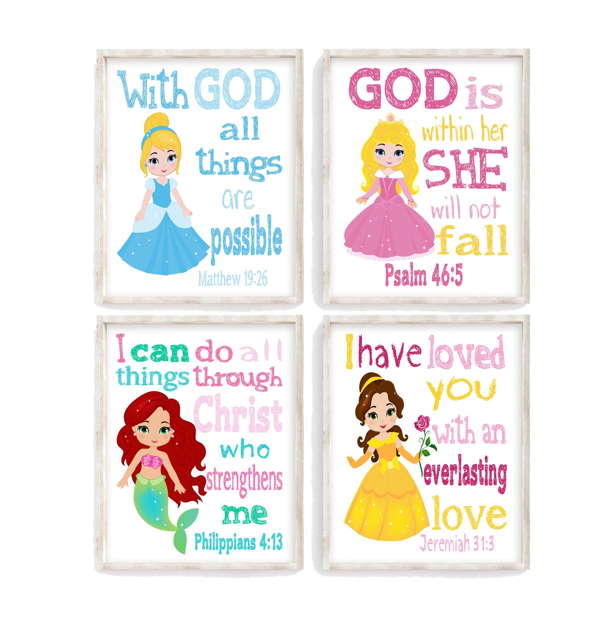 Princess Nursery Decor Set - Aurora, Ariel, Cinderella, Belle with Bible Verses for Baby Girls Room