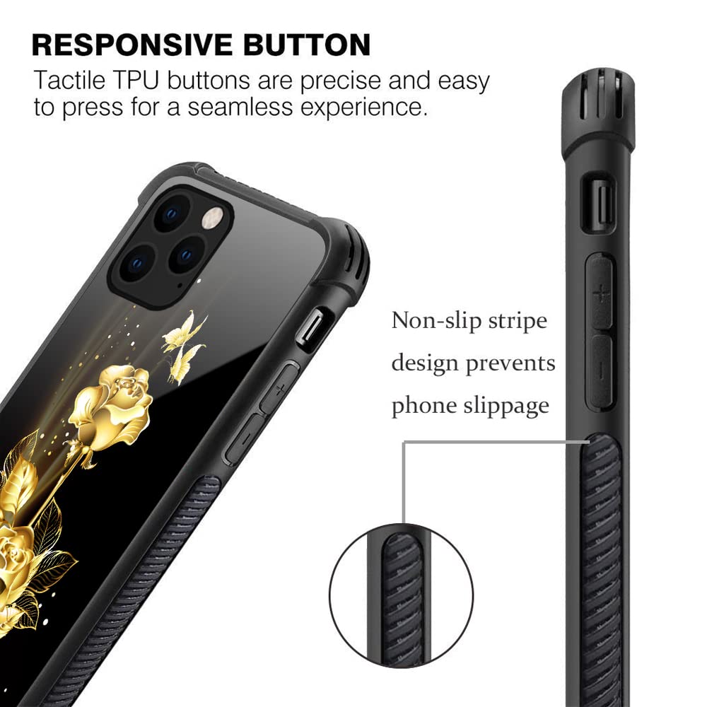 Golden Butterfly Rose Flower Pattern Phone Case for iPhone 12 Pro - Elegant Protective Cover for Women, Perfect Gift for Valentine's Day & Daily Use