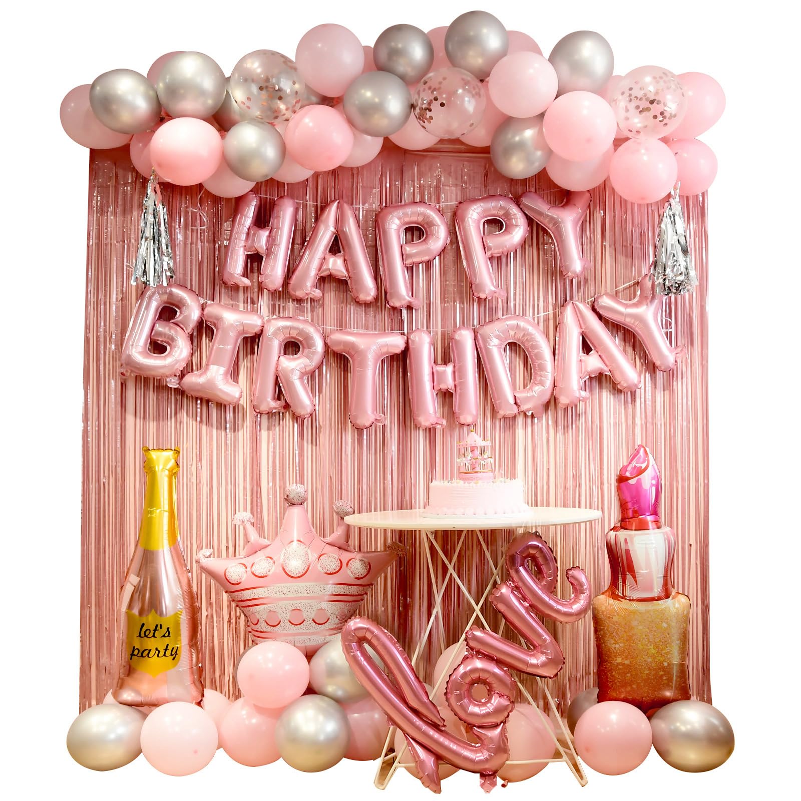 Elegant Pink Birthday Party Decorations for Women & Girls - Fringe Curtain, Balloon Letters, Banner & Balloons Set - Perfect for Birthday Celebrations, Baby Showers & Special Occasions