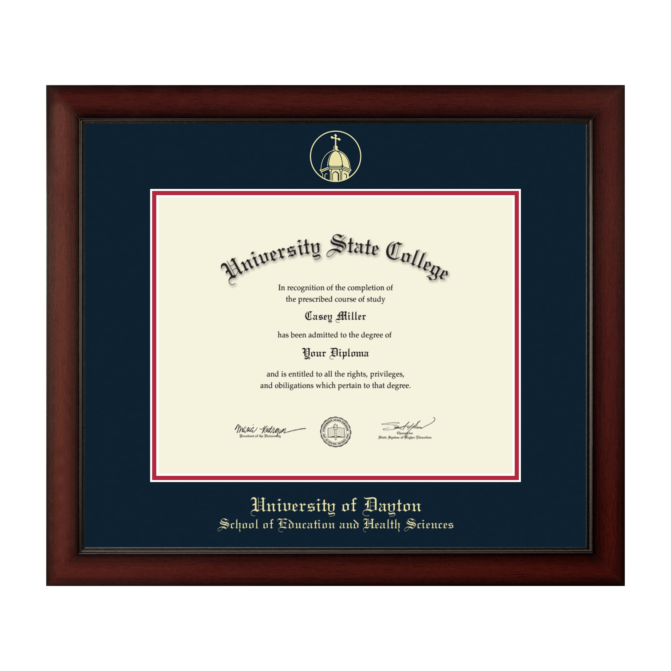 University of Dayton School of Education and Health Sciences PhD Diploma Frame - 14x11 Inch Gold Embossed Cherry Wood Frame with Navy & Red Matting - Perfect for Office Decor, Graduation Gifts & Academic Display