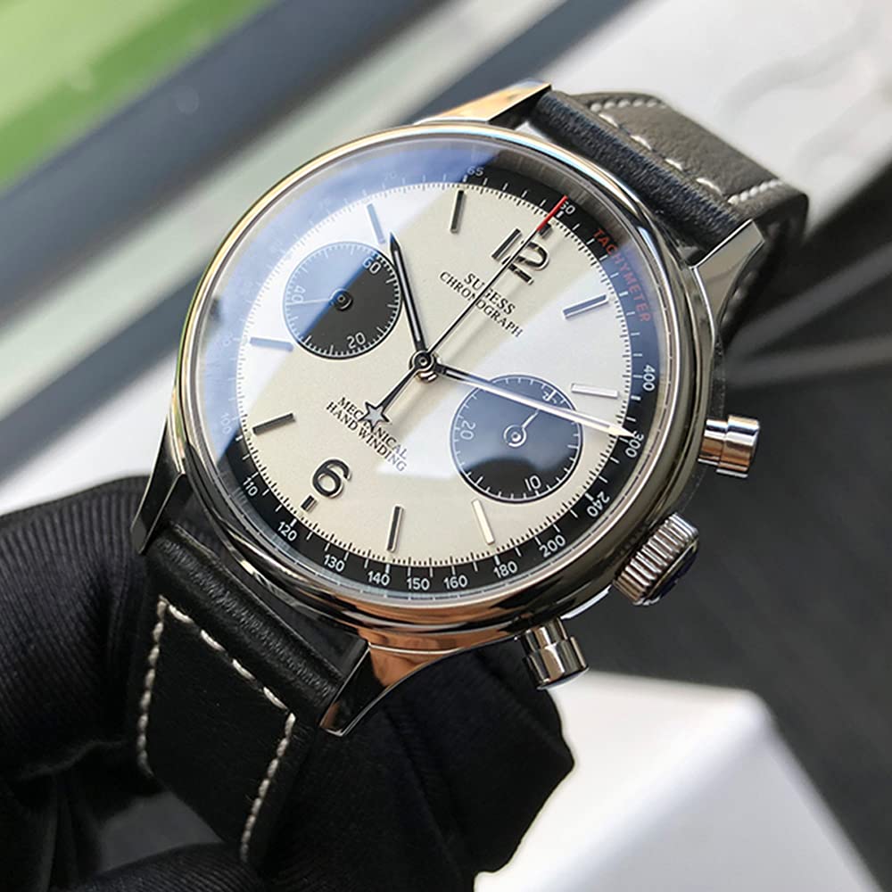 Sugess ST1901 Men's Mechanical Chronograph Watch - Hand Wind Movement, Panda Dial, 5ATM Waterproof, Sapphire Crystal, Military Pilot Style with Leather Strap - Perfect for Business, Casual Wear & Outdoor Adventures