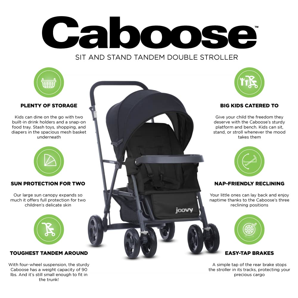 Joovy Caboose Sit and Stand Double Stroller - Black | 3-Way Reclining Seats, Rear Bench & Standing Platform | Universal Car Seat Adapter | Perfect for Twins, Siblings or Toddlers | Ideal for Shopping, Park Outings & Family Walks