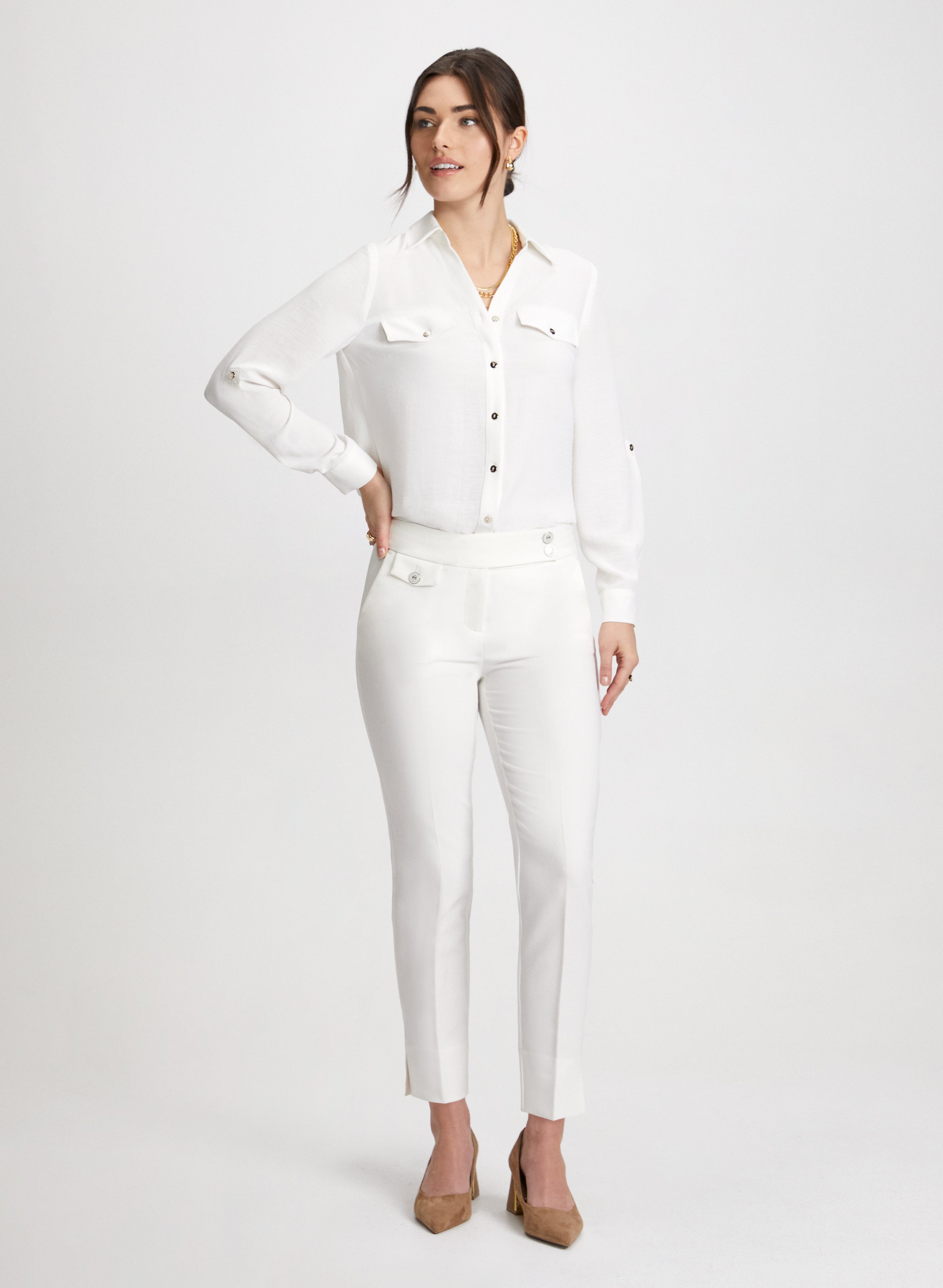 Stylish Crepe Button Down Blouse & Slim Leg Ankle Pants Set for Women - Office Wear, Business Casual Outfit, and Professional Work Attire