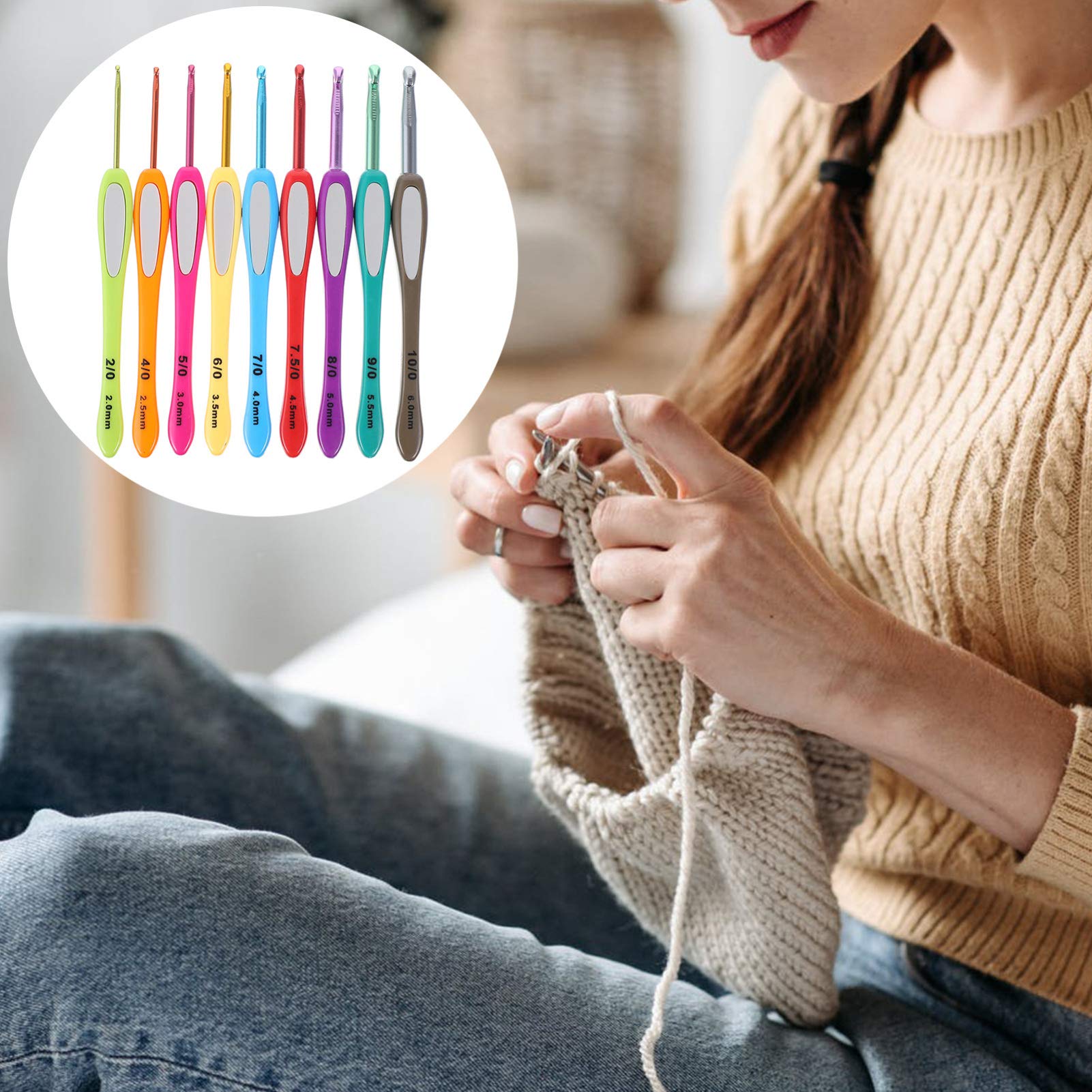 EXCEART 9-Piece Colorful Plastic Crochet Hook Set - Ergonomic Handle Knitting Needles for Beginners, Crochet Starter Kit with Aluminum Hooks - Perfect for DIY Yarn Crafts, Amigurumi, and Blanket Making