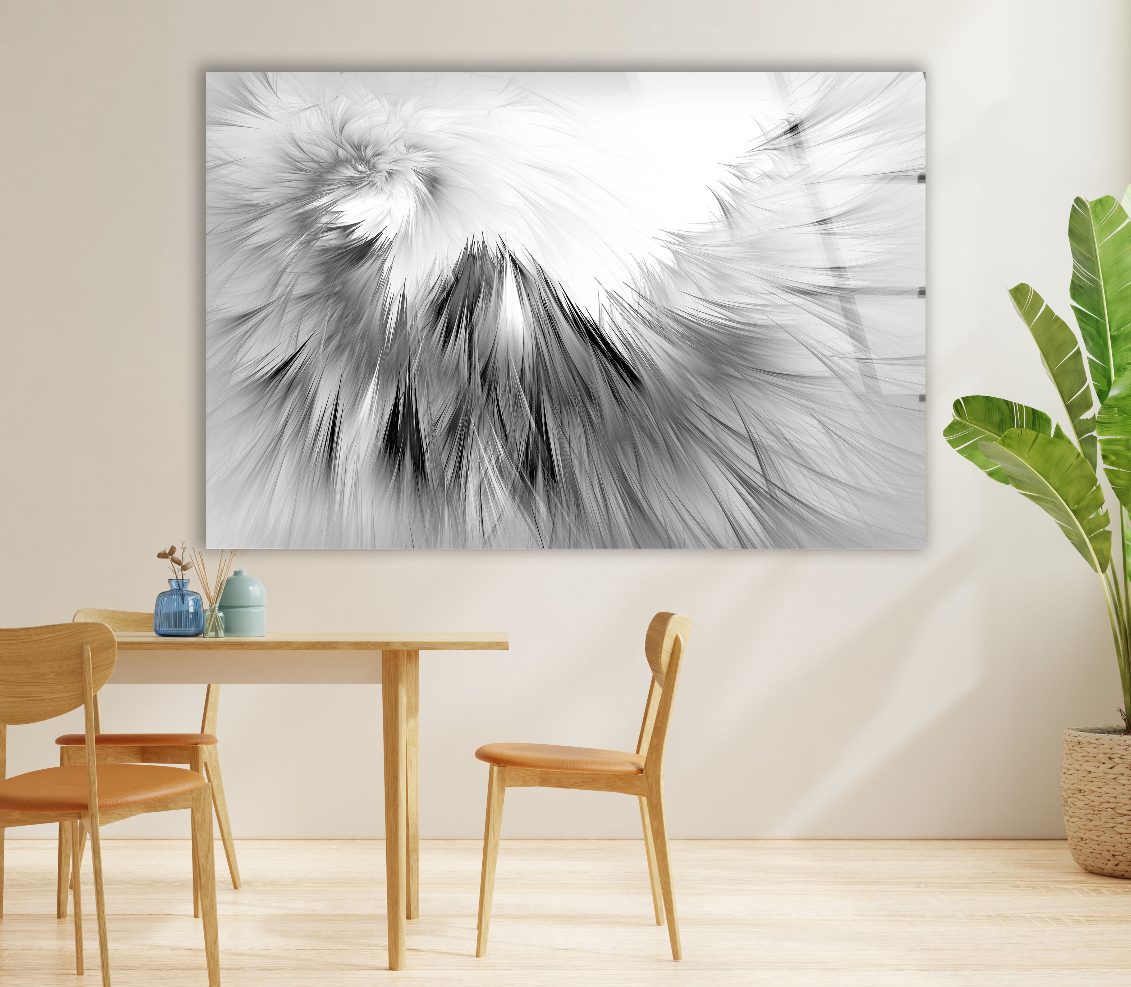 Black and White Abstract Wall Art - Feather Texture Glass Print | Modern Home Decor for Living Room, Bedroom & Office