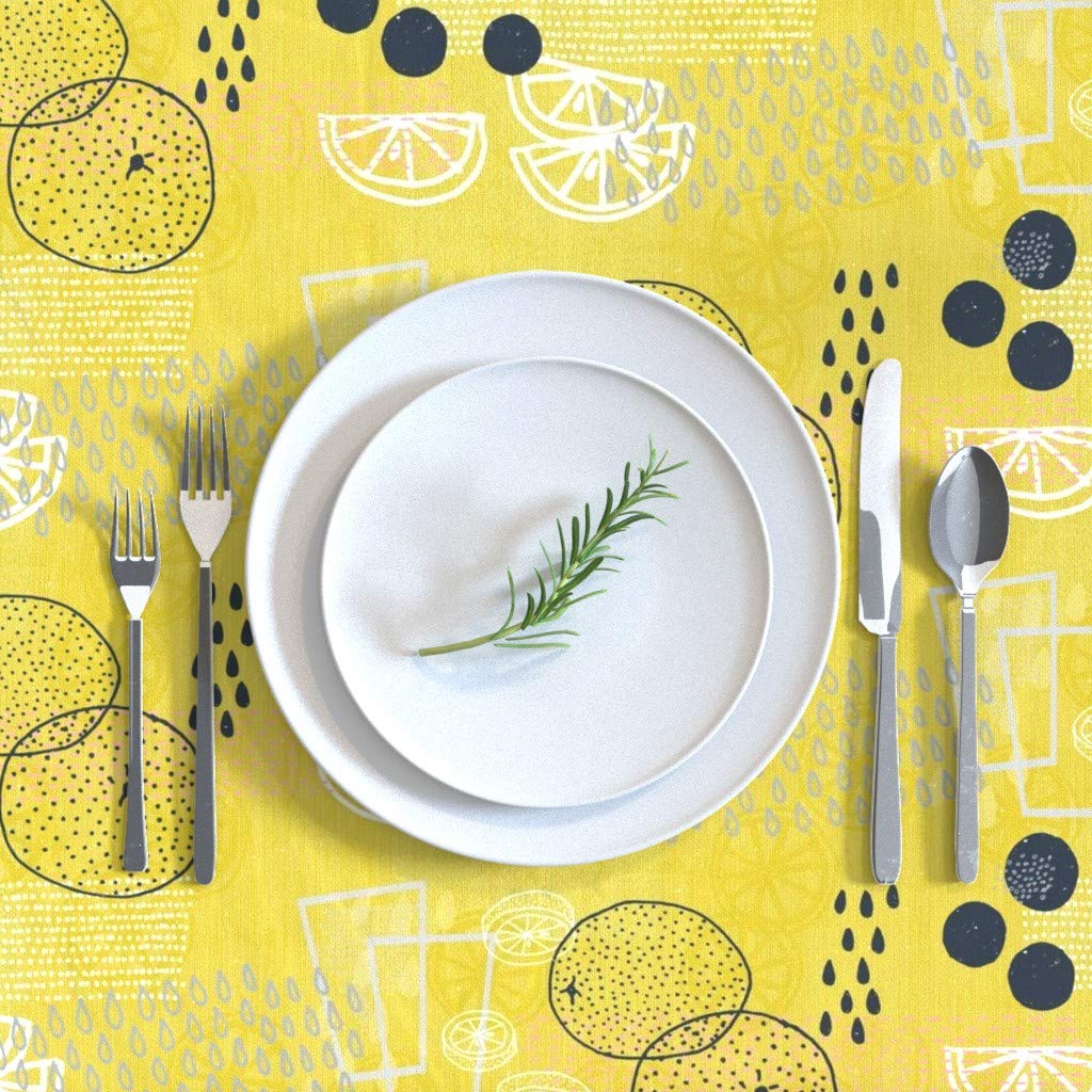 Custom Lemonade Lemons Summer Green Doodle Print Cotton Sateen Tablecloth 90