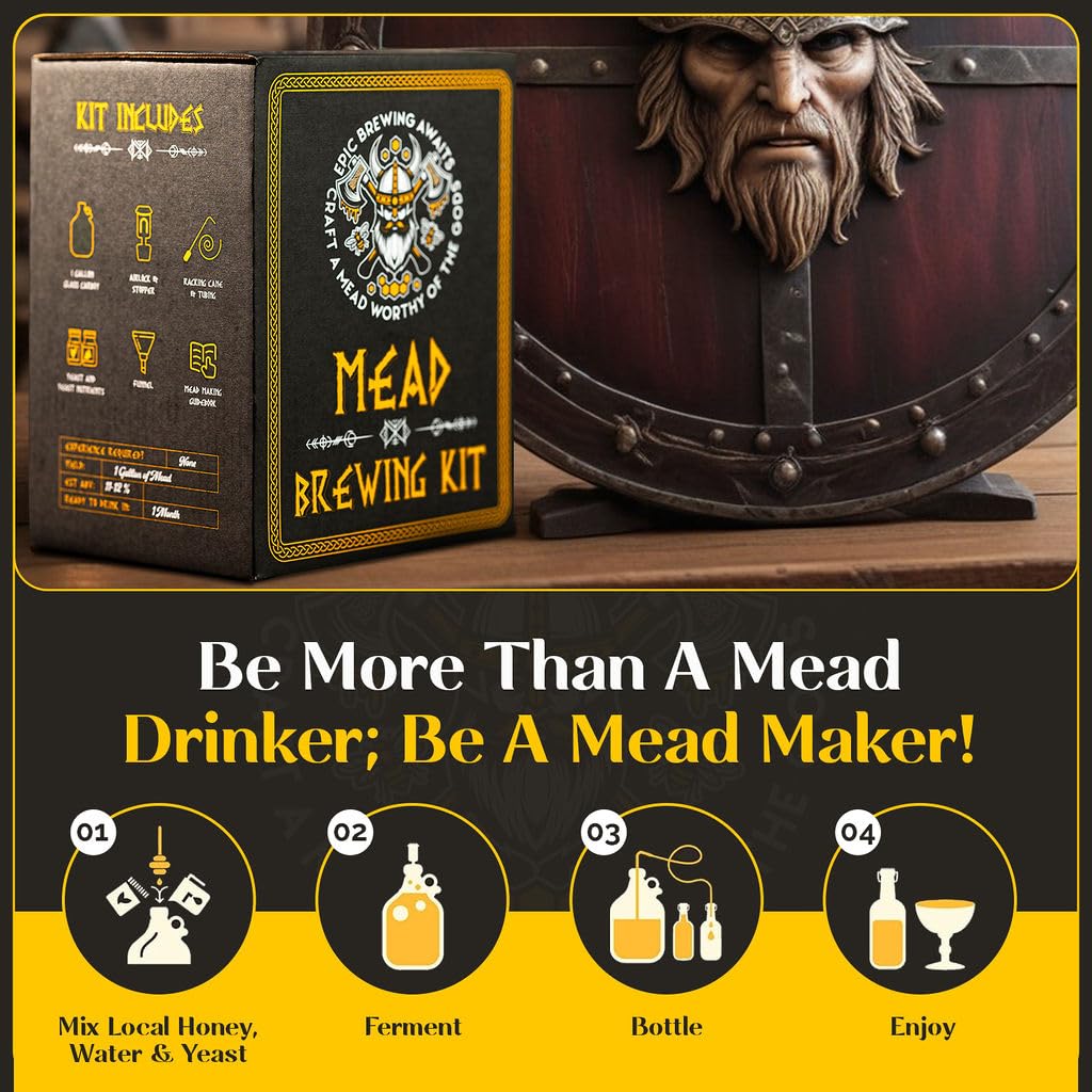 Viking Inspired 1 Gallon Honey Wine Brewing Kit - Reusable Mead Making Starter Set for Home Brewing | Perfect for DIY Enthusiasts & Medieval-Themed Parties