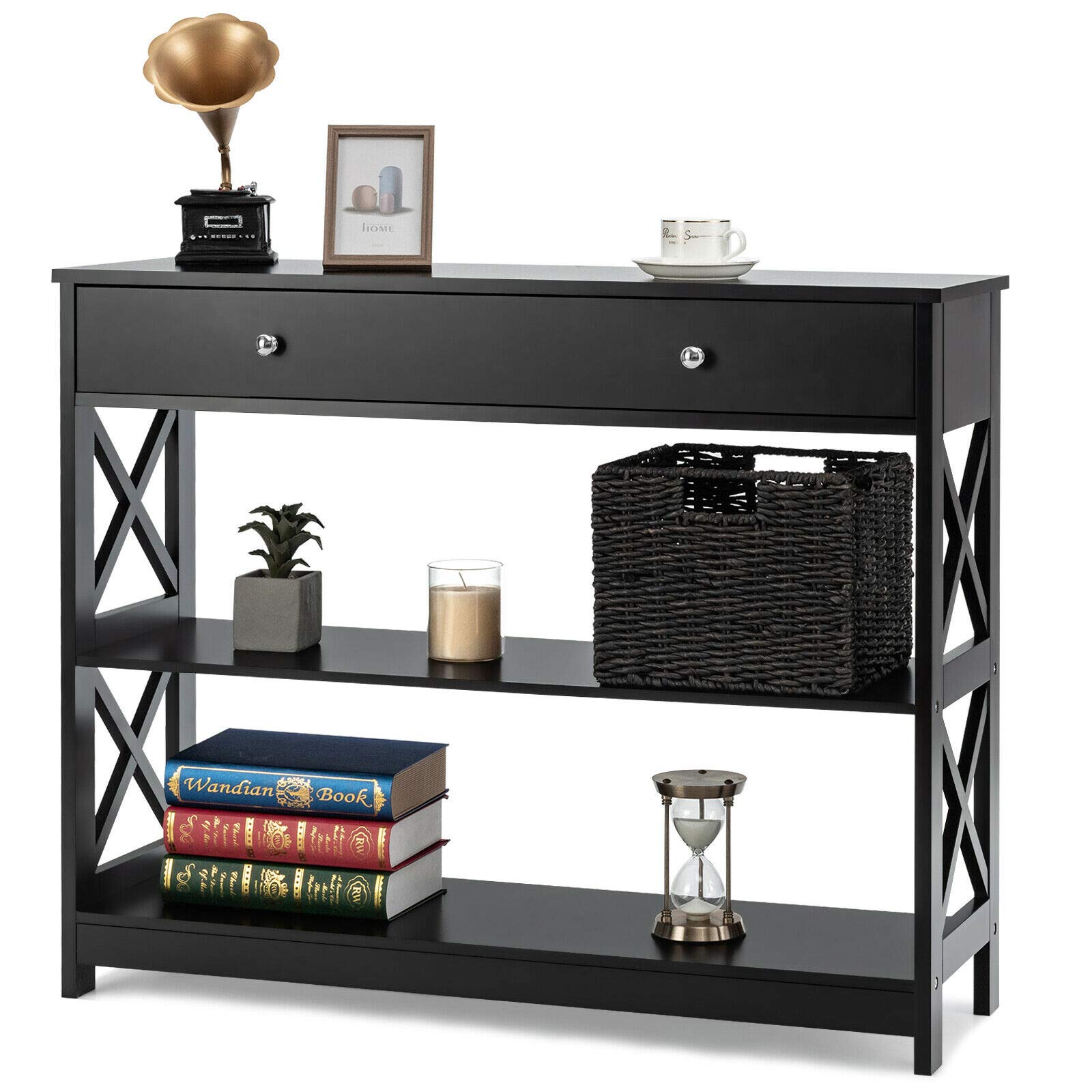 Modern Style Console Table with Storage Drawers & Shelves - Sturdy Durable Sofa Accent Desk for Living Room, Hallway, Entryway - Perfect for Home Decor & Organization (Black)