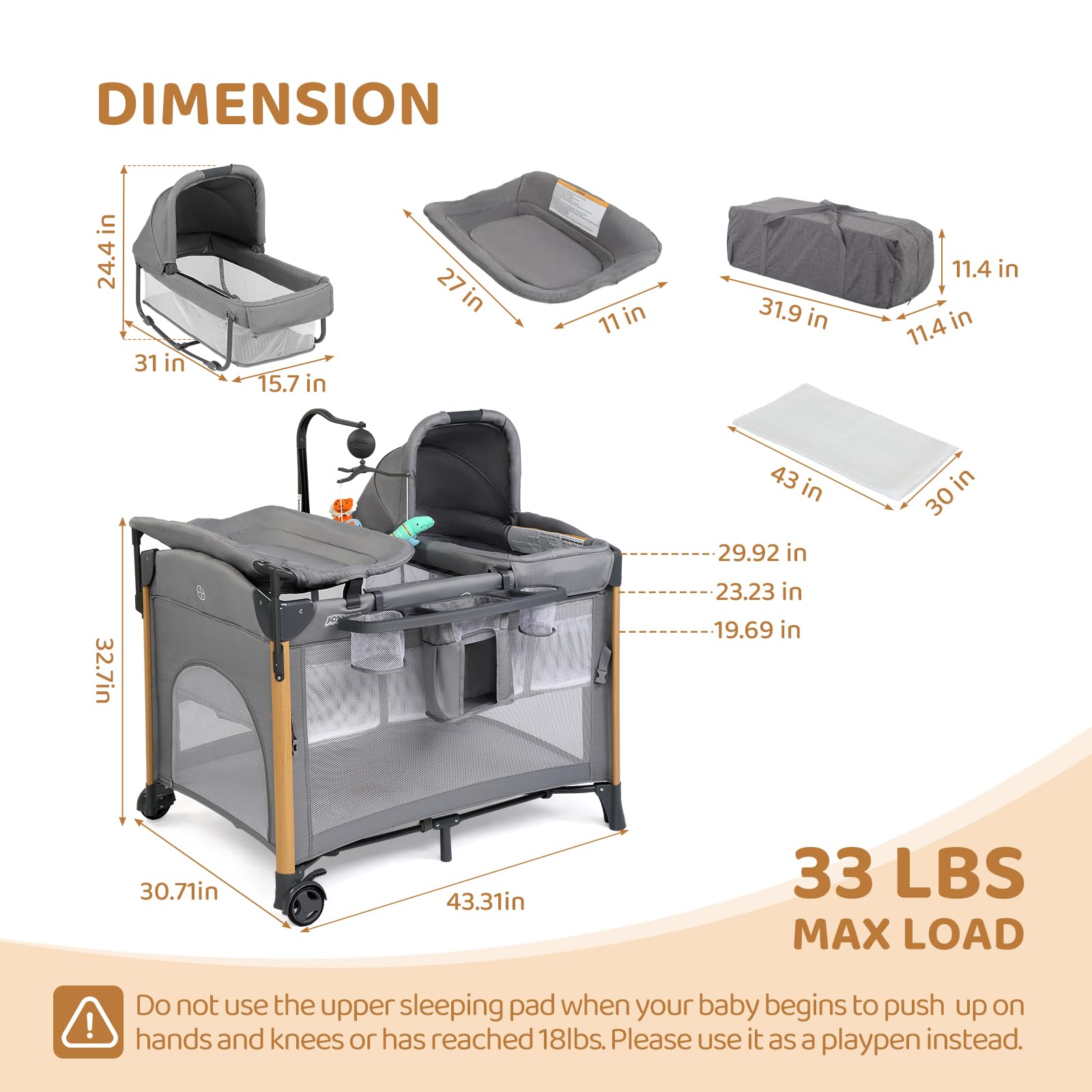 JOYMOR 7-in-1 Baby Bassinet with Changing Table | All-in-One Nursery Center | Bedside Sleeper with Mattress, Sheet & Canopy | Storage Shelf & Hanging Toys | Gray | Perfect for Newborns & Infants in Nursery or Bedroom