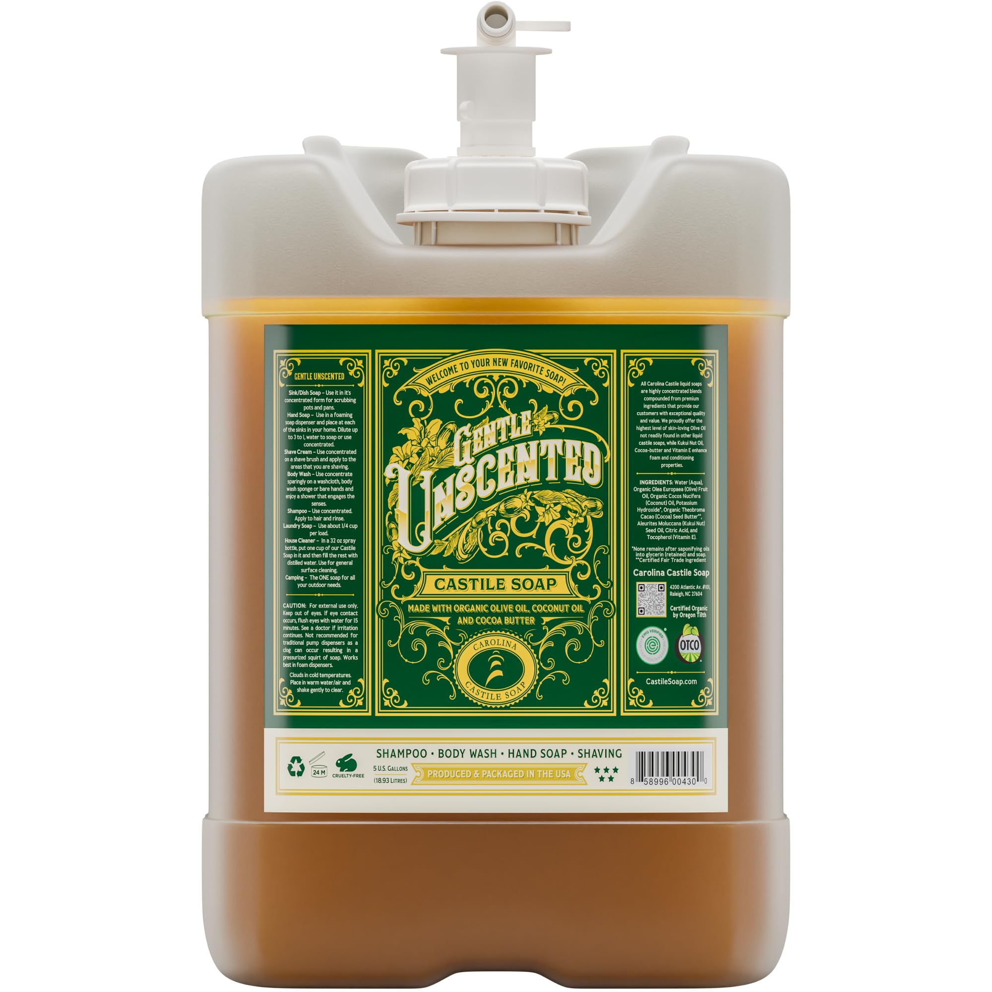 Organic Unscented Castile Soap Liquid - 5 Gallon Bulk Body Wash with High Olive Oil Content | EWG Verified | Gentle for Skin, Hair & Household Cleaning | Perfect for Large Families, Spas & Eco-Conscious Homes