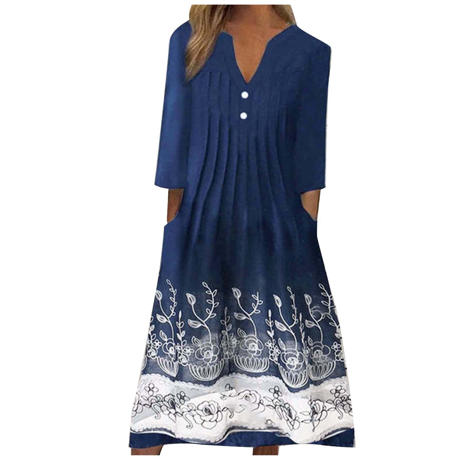TAPIYANG Women's Long Beach Vacation Dress - 3/4 Sleeve V-Neck Button Down Ruched Midi Dress with Tummy Control & Graphic Print | Perfect for Beach Getaways, Summer Travel, and Casual Outings