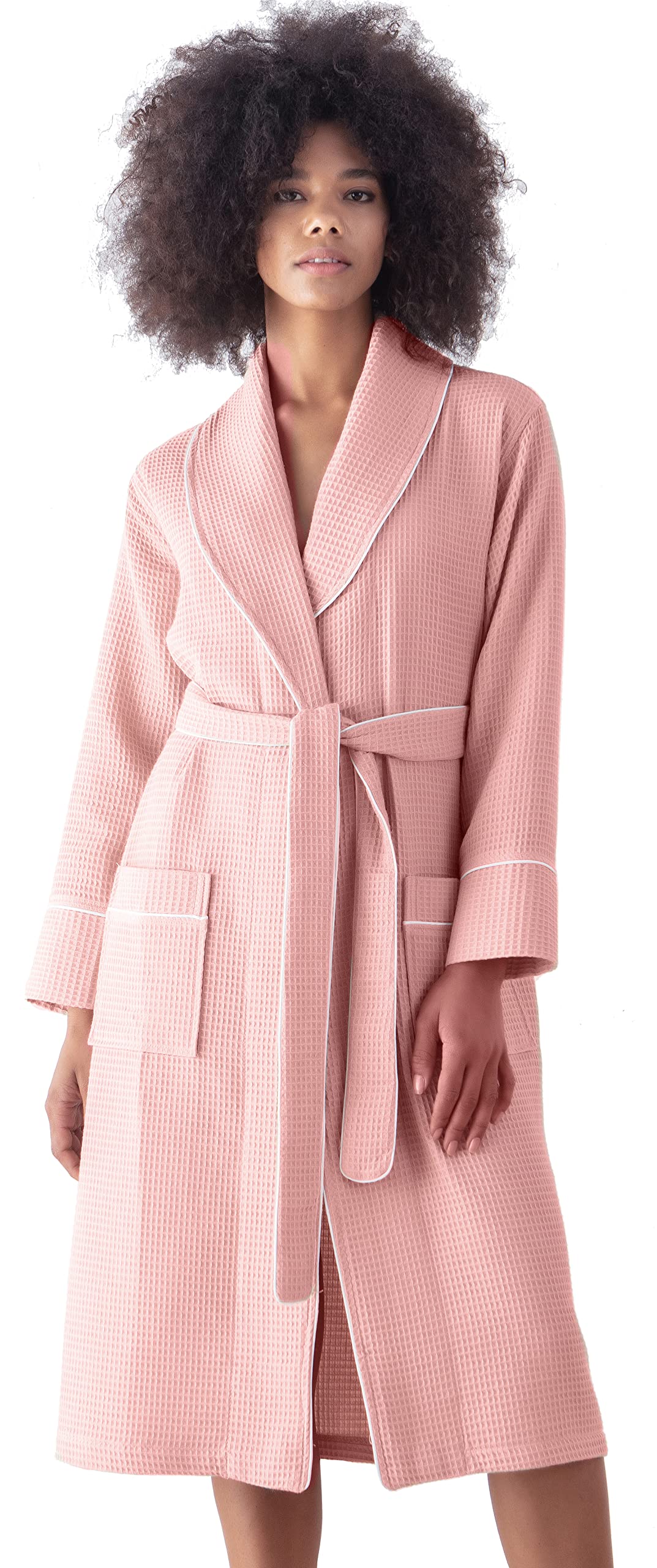 Luxury Women's Waffle Shawl Collar Hooded Robe with Piping - Ultra Soft Lightweight Long Bathrobe for Spa, Sleepwear & Lounging at Home