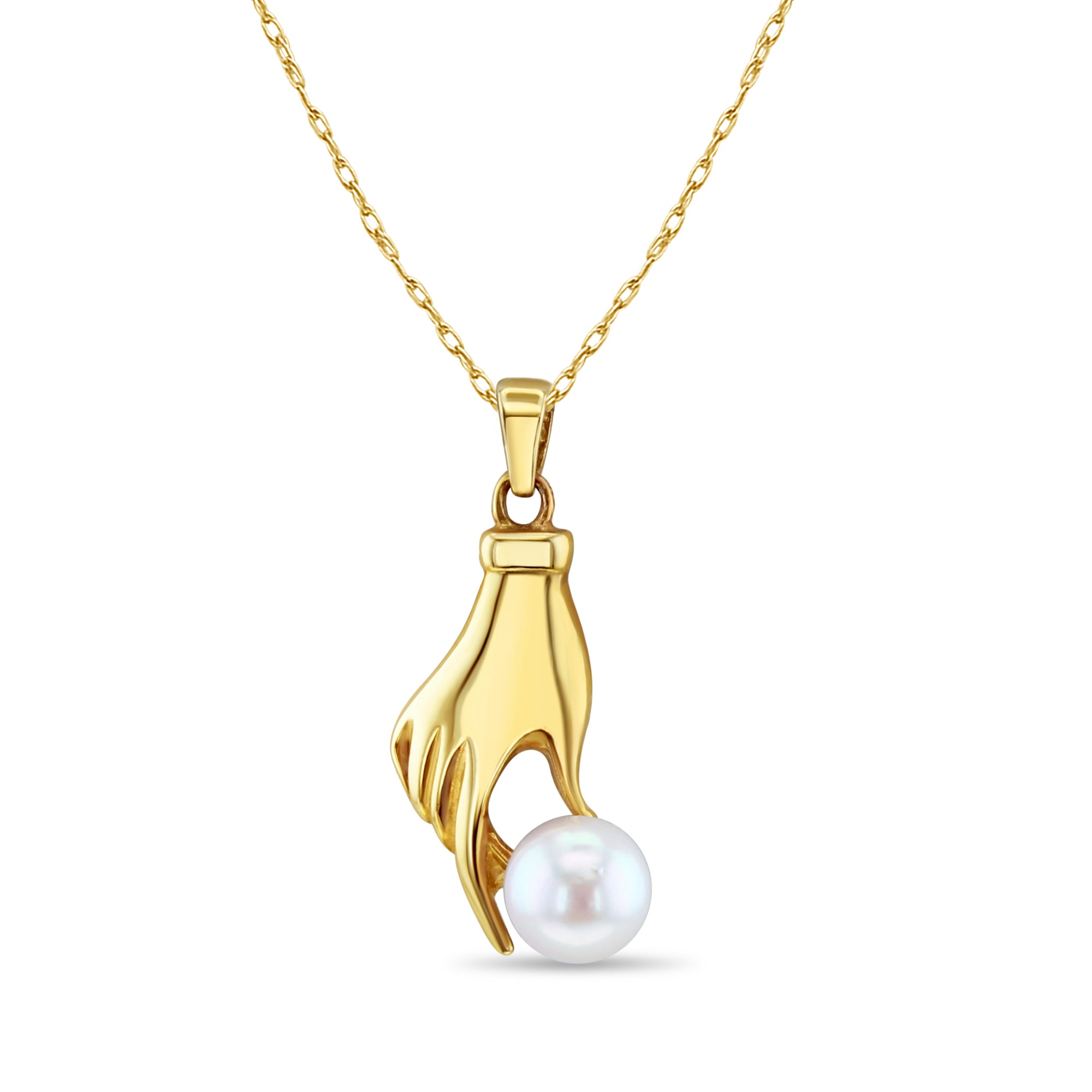 14K Yellow Gold Pearl Mudra Hand Necklace - Spiritual Jewelry for Meditation, Yoga & Mindful Living - Boho Chic Hand of Buddha Pendant for Women
