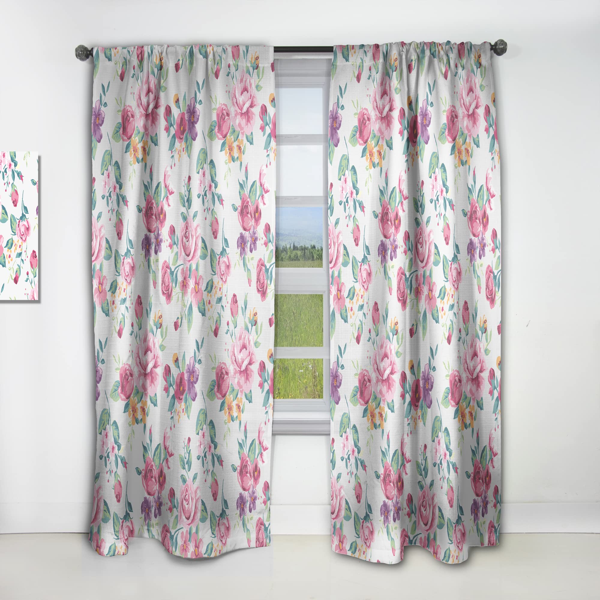 Floral Curtains Pink Purple Yellow - Thermal Insulated Blackout Window Drapes for Bedroom & Living Room - Single Panel 52x63 Inches - Perfect for Home Decor, Privacy & Light Control