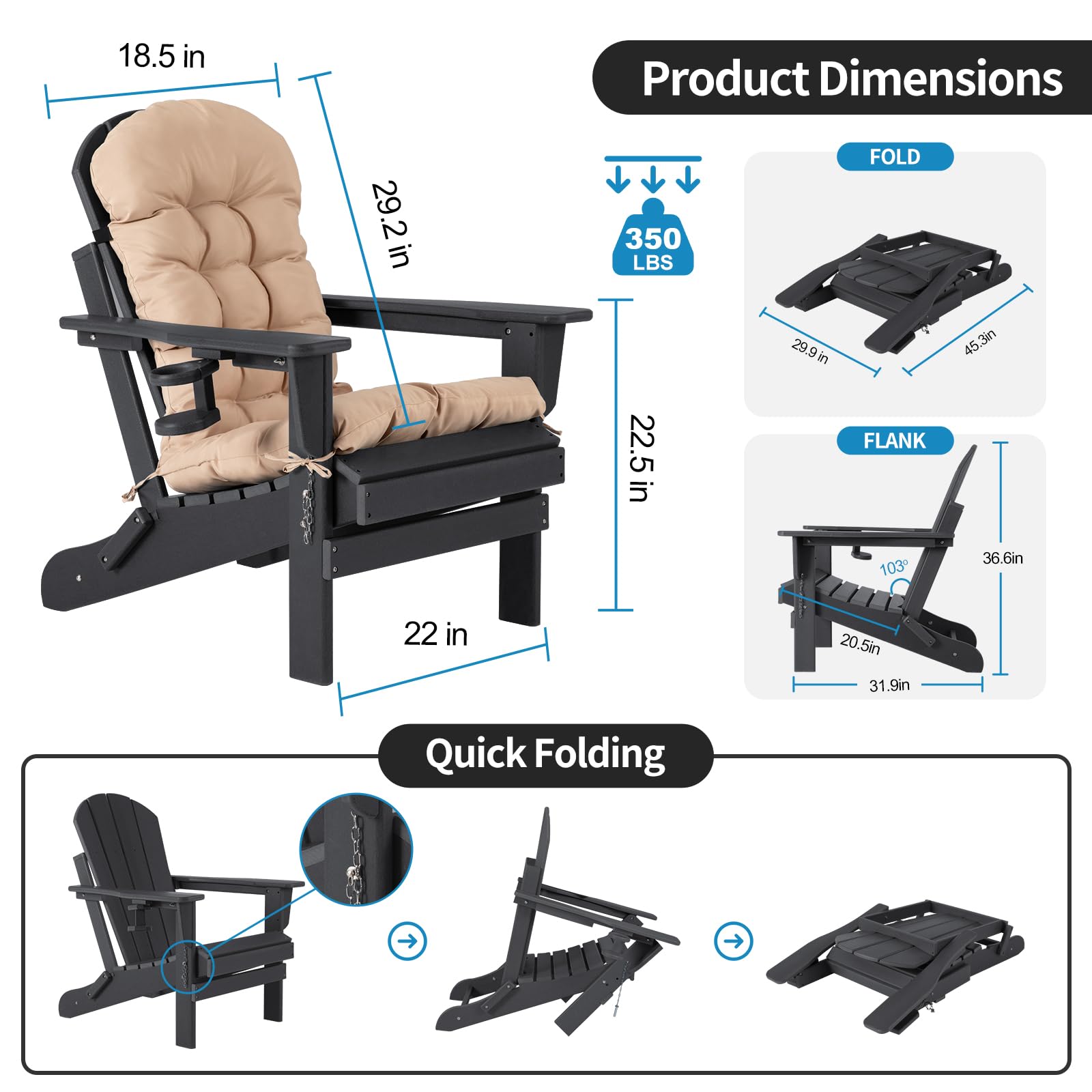 Nalone 2-Pack Folding Adirondack Chairs with Cushions & Cup Holders - Heavy Duty HDPE Plastic Oversized Patio Furniture Set, Weatherproof Outdoor Lounge Chairs for Backyard, Deck, Garden, Poolside & Campfire (Black)