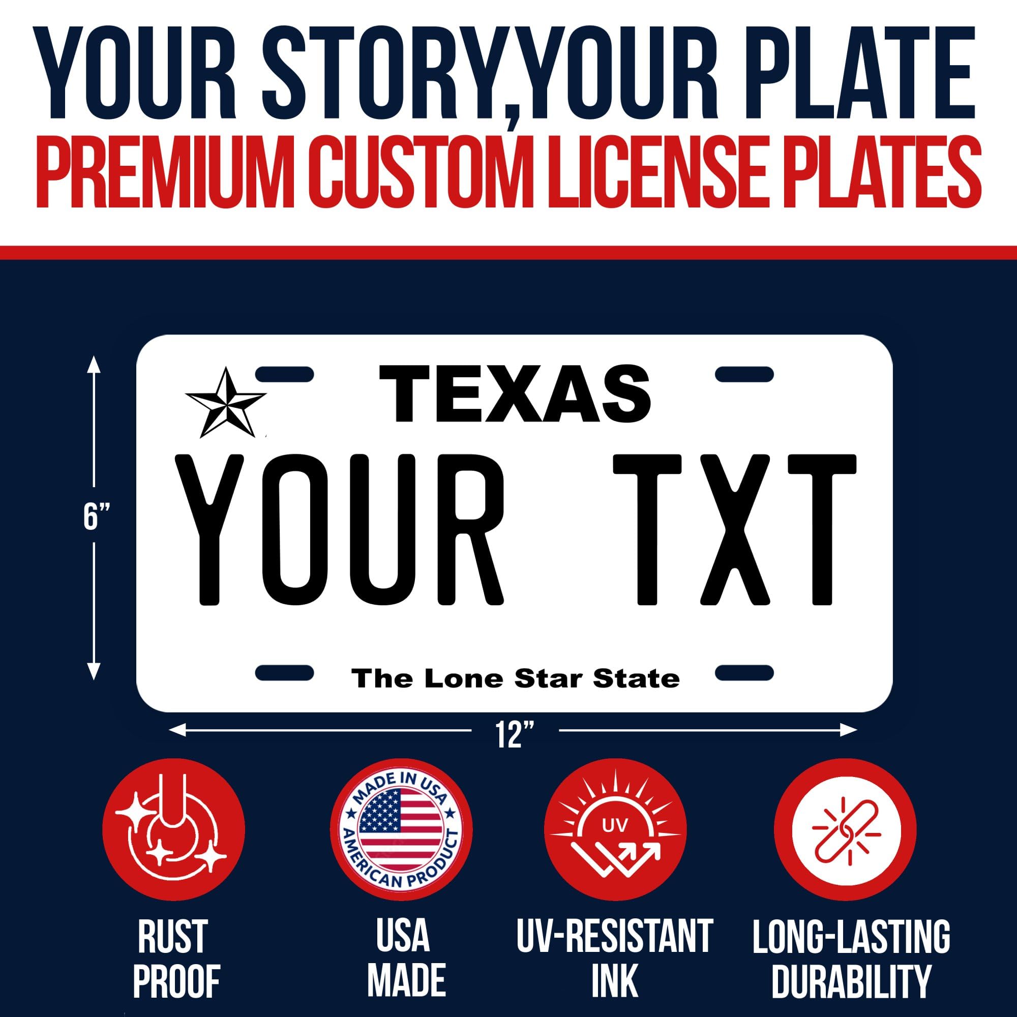 Custom Texas License Plate - Personalized 6x12 Inch Car Tag - Choose from 50 States - Made in USA - Perfect for Cars, Trucks, Motorcycles & Gifts