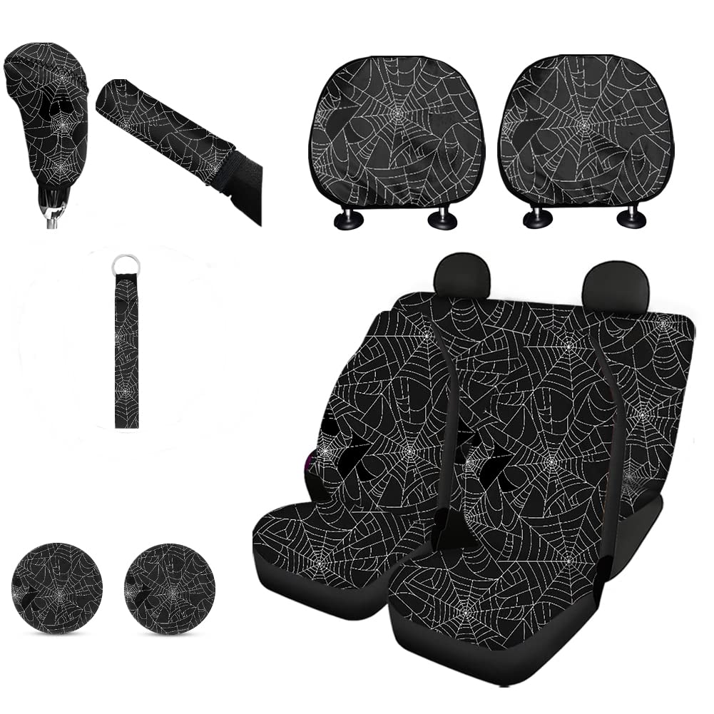 Spiderweb Halloween Car Seat Covers Full Set - Front & Back Seat Bench Cover, Black Headrest Covers with White Spiderweb, Cup Holder Pads, Auto Keychain, Gear Shift Cover, Handbrake Cover - Perfect for Halloween Car Decorations, Themed Parties & Spooky Road Trips