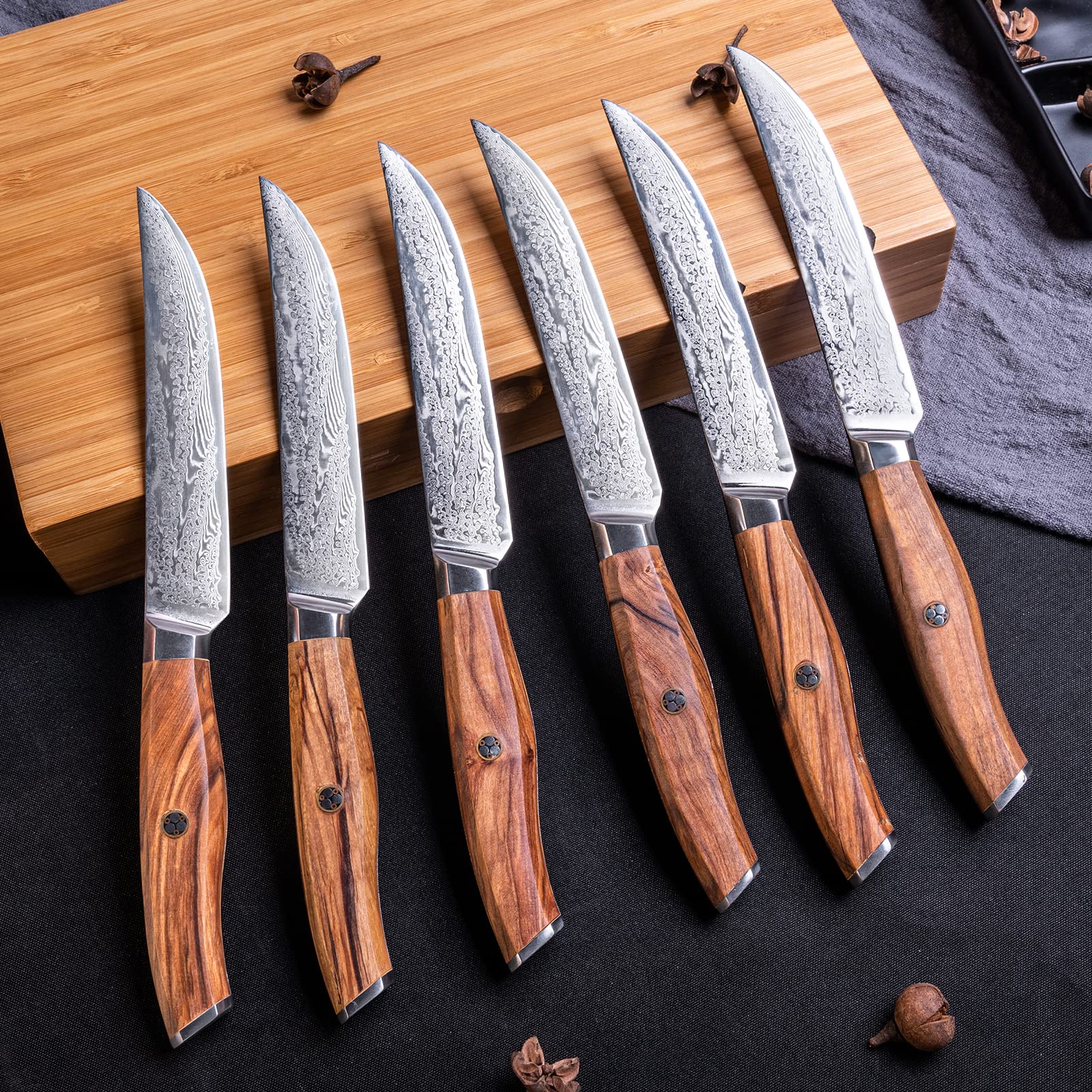 Premium 6-Piece Steak Knife Set - 5 Inch Damascus Steel Blades, Ultra-Sharp VG10 Japanese Steel, Rust-Resistant & Durable - Olive Wood Handle Non-Serrated Steak Knives in Gift Box - Perfect for Fine Dining, BBQ Parties & Gourmet Cooking