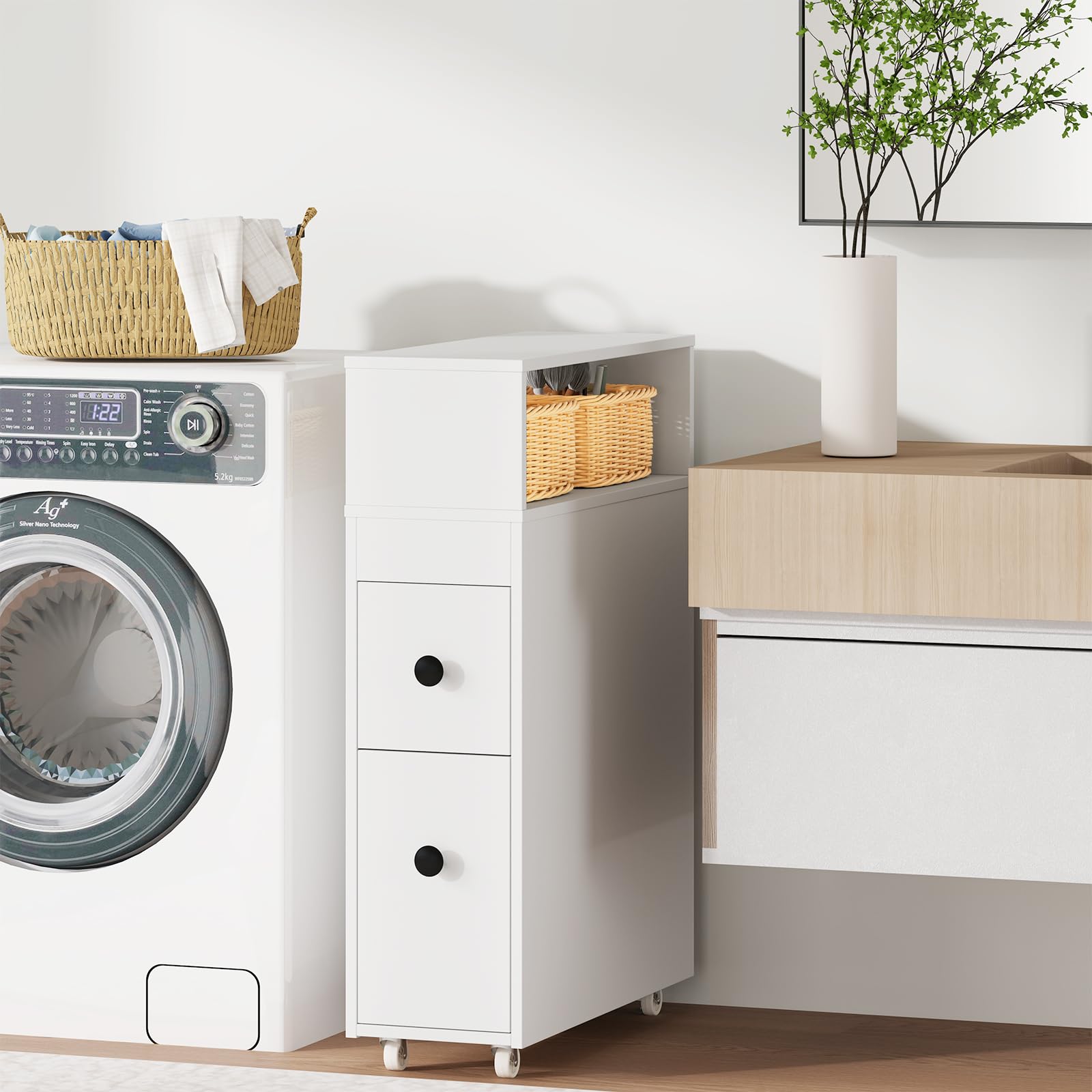 Giantex Slim Bathroom Storage Cabinet with Wheels - 2 Drawers, 2 Baskets & Brush Holder - Over The Toilet Organizer for Small Spaces - Perfect for Narrow Corners, Apartments & Tiny Bathrooms