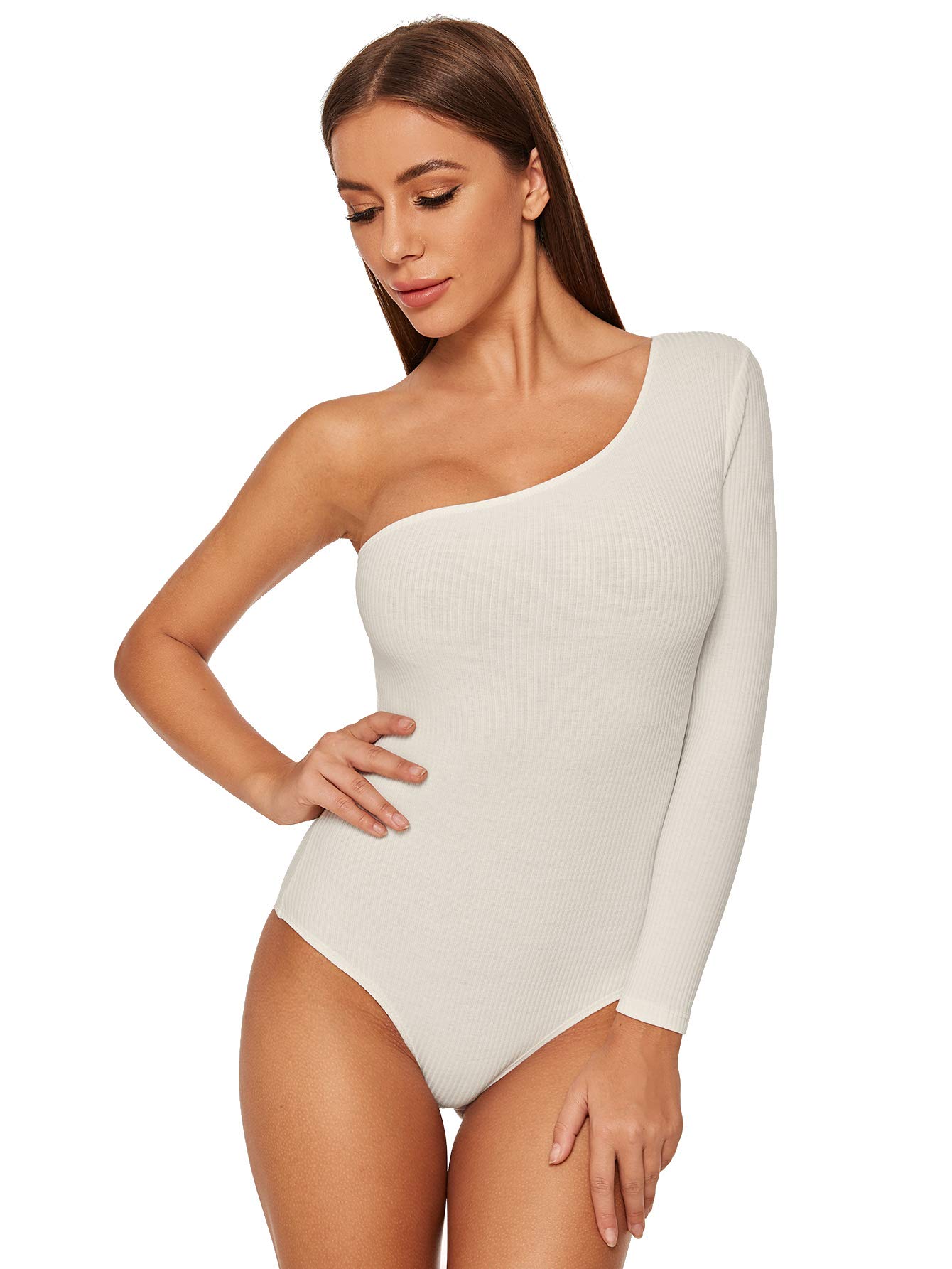 Verdusa Women's Sexy One Shoulder Off Rib Knit Thong Bodysuit - White XS | Clubwear, Date Night Outfit, Lingerie for Special Occasions