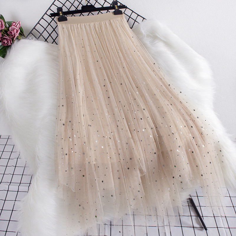 High Waist Star Sequin Irregular Mesh Skirt - Mid Length Party Skirt for Women | Perfect for Night Out, Club Wear, and Special Occasions