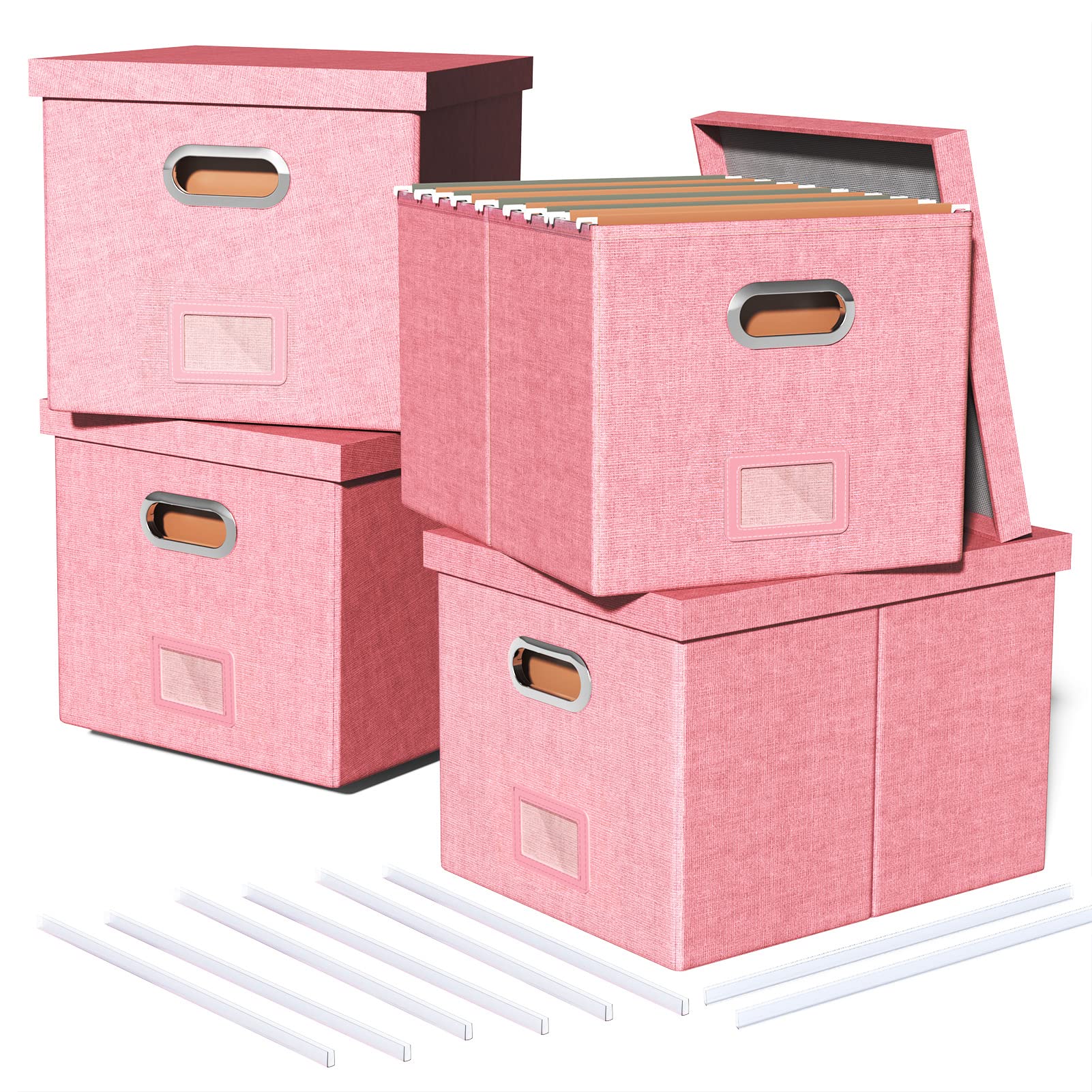 4 Pack File Storage Organizer Box with Lid - Portable Letter & Legal Size File Folder Organizer for Office, Home, School - New Pink Storage Boxes for Documents, Papers, Records (Box Only) - Perfect for Desk Organization, Filing Cabinets, and Document Storage Solutions