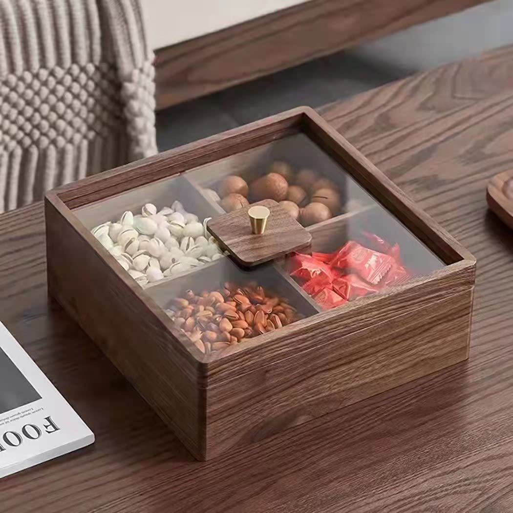 Premium Solid Black Walnut Wood Snack Storage Container - 4 Compartment Collectible Box with Glass Lid for Candy, Nuts, Chocolates & Dry Fruits | Perfect for Kitchen Countertop, Pantry Organization & Gift Giving