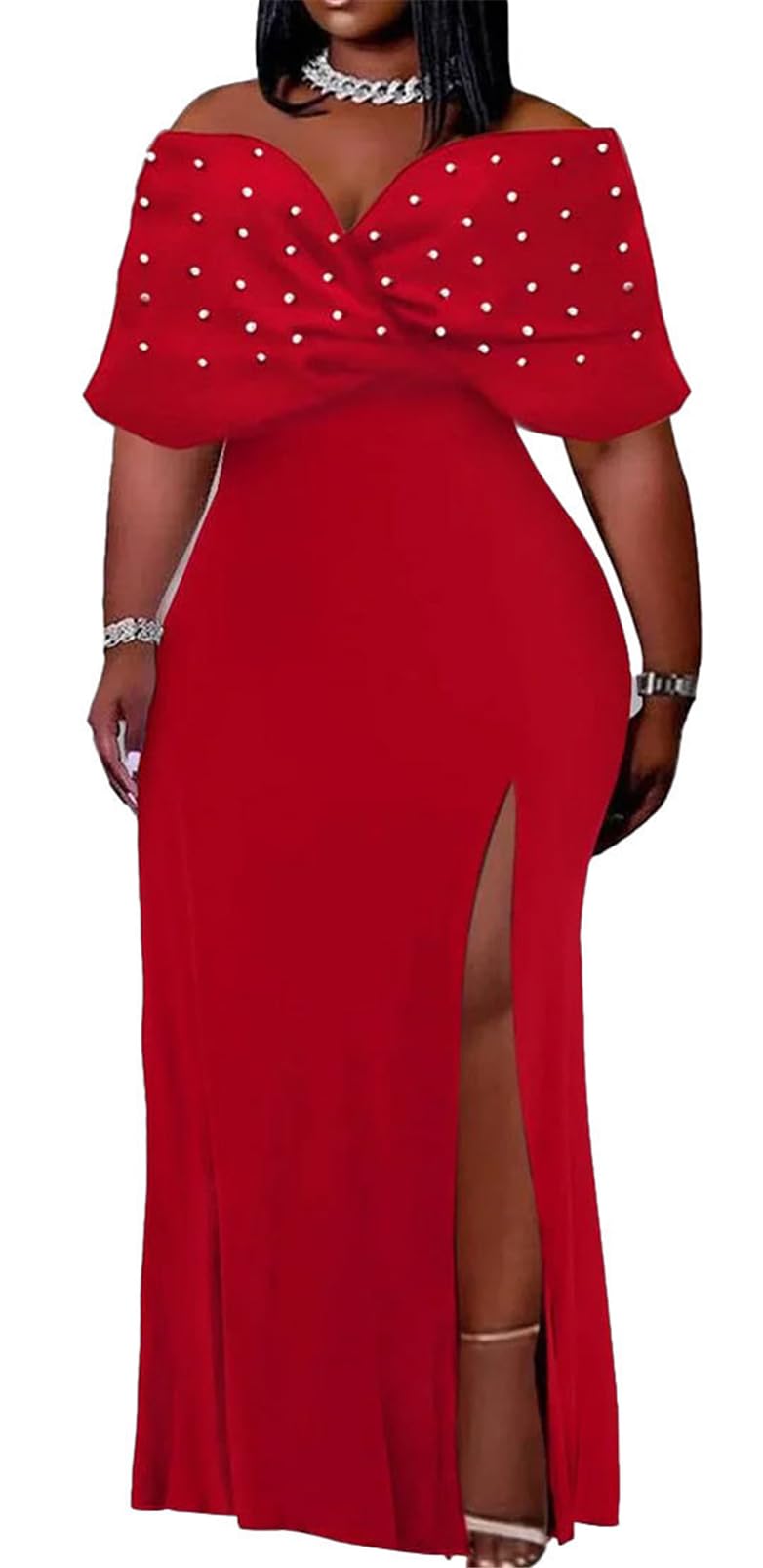 Sexy Plus Size Women's Batwing Sleeve Ruffled Off Shoulder Pearl Embellished Bodycon Dress for Party, Club, Night Out & Special Occasions