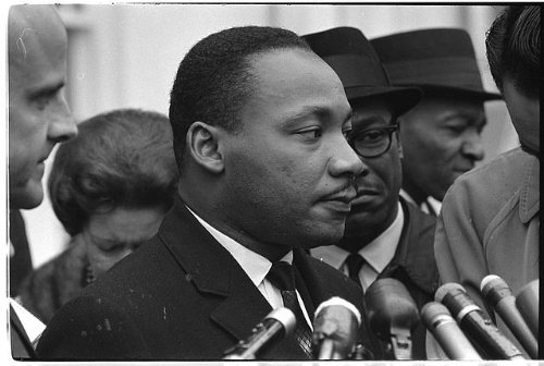 Vintage Photo of Martin Luther King Jr. with Microphones - Civil Rights Meeting with President Johnson - Historical Black & White Photography for Home Decor, Office Display & Educational Use