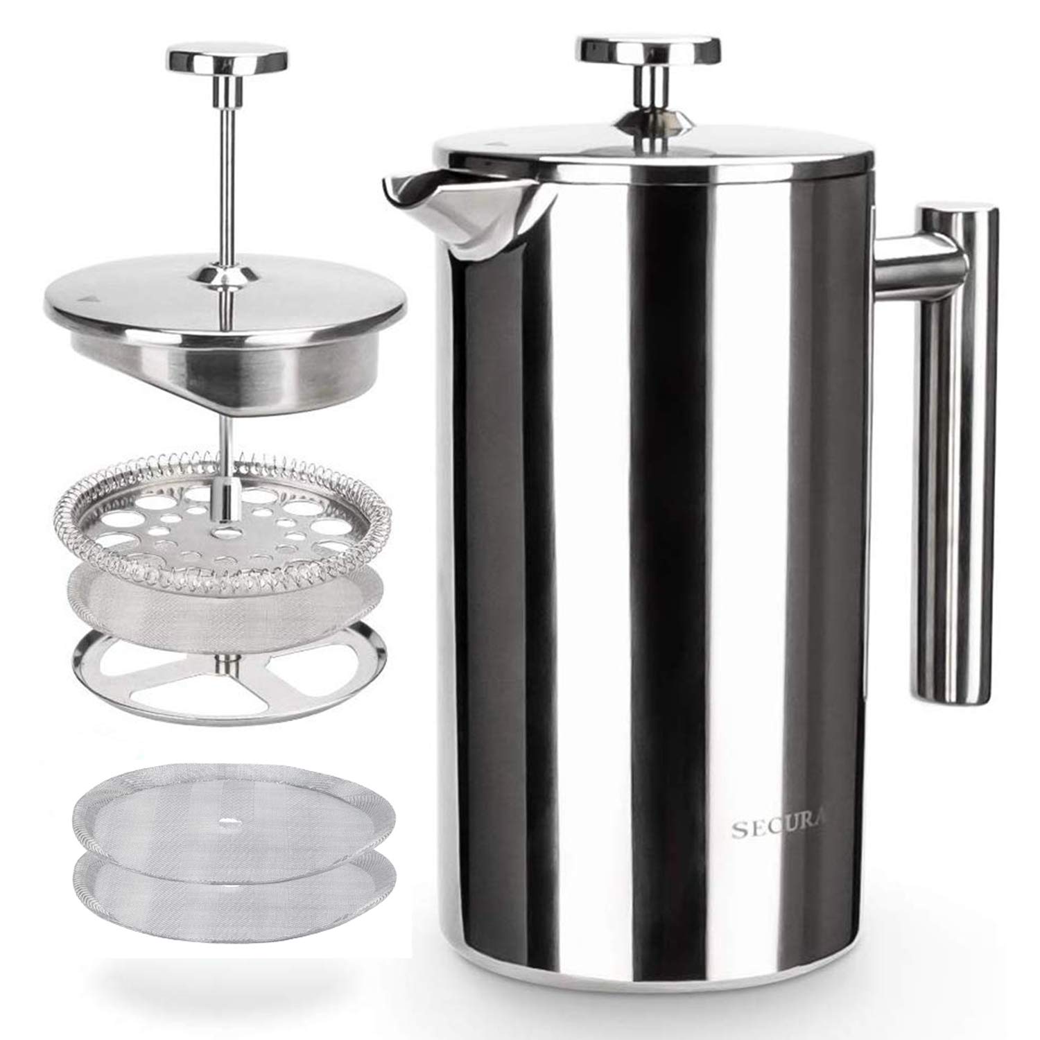 Secura 34oz (1 Liter) Stainless Steel French Press Coffee Maker - 304 Grade Insulated Coffee Press with 2 Extra Filters, Silver - Perfect for Home, Office & Camping Brewing