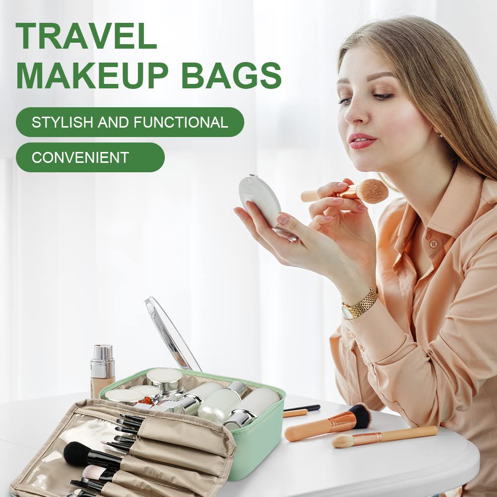 Aucuu Large Waterproof Makeup Bag for Women - Travel Cosmetic Organizer with Multiple Pockets, Portable Makeup Case for Girls (Green) - Perfect for Travel, Gym, Daily Use & Gift Giving