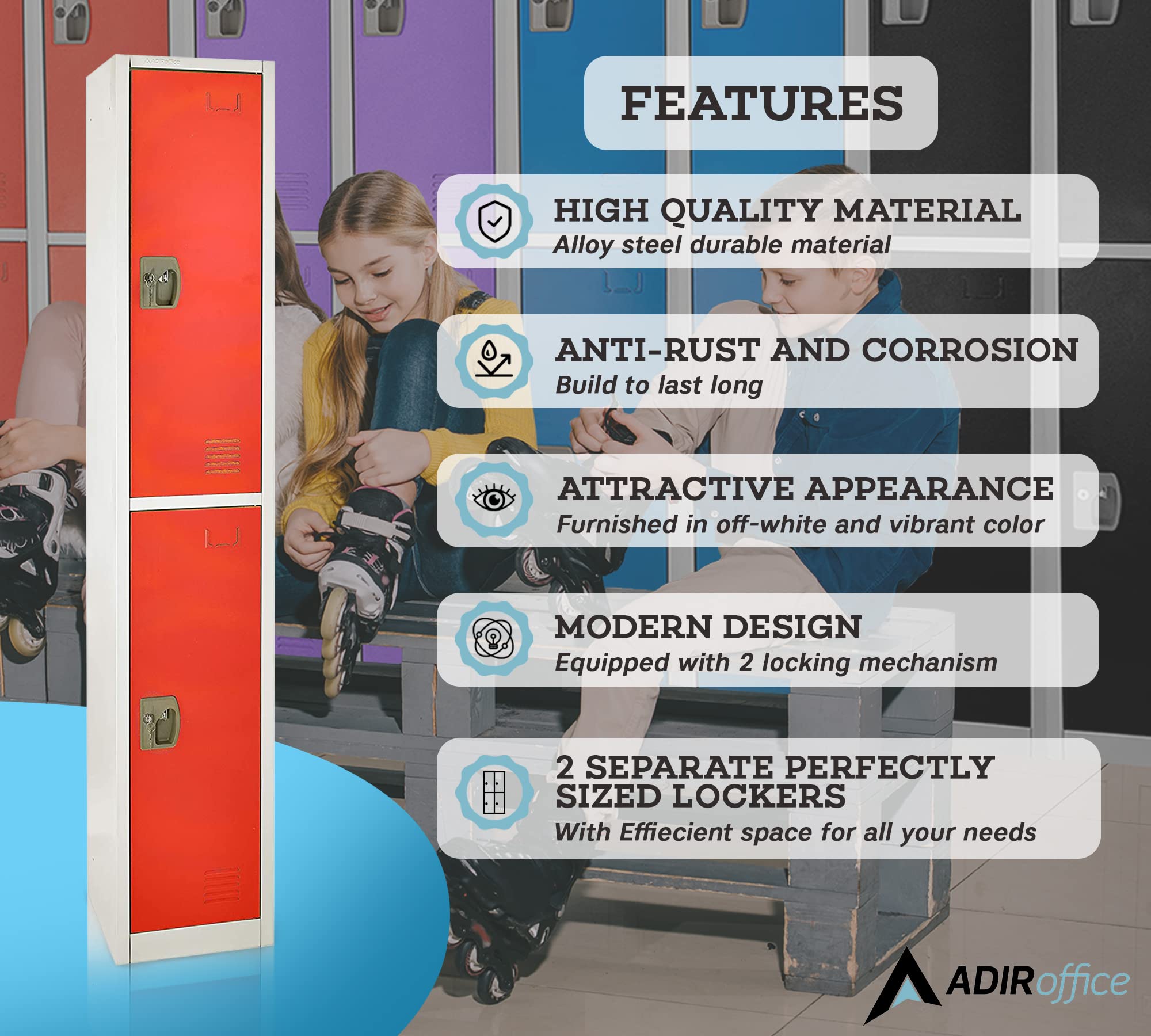 AdirOffice Large 2-Door School Locker with Hooks - Heavy Duty Metal Storage Cabinet for Garage, Office, Classroom & Dorm Organization (Red) - Perfect for Storing Sports Gear, Tools & School Supplies