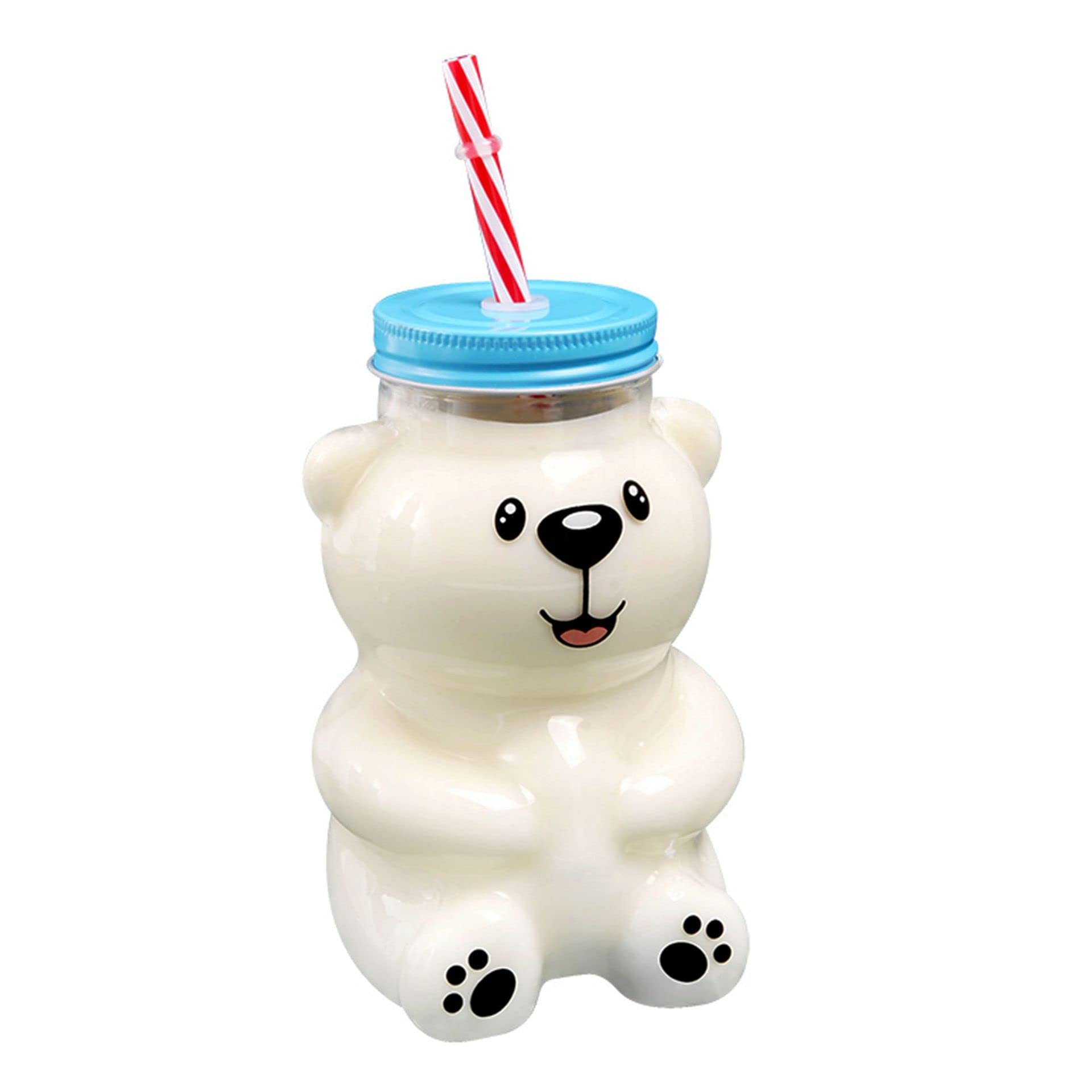 Kawaii Bear Sippy Cup 19oz - Clear Glass Cup with Lid & Straw - Cute Bear Bottle for Juice, Milk, Tea, Smoothies - BPA Free, Microwave Safe - Perfect for Kids, Home, Office & Travel (Smiling Bear Design)