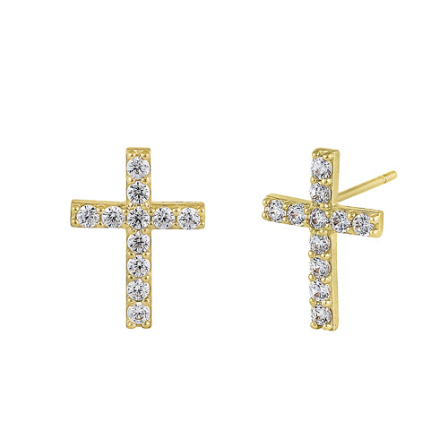 14K Yellow Gold Simple Cross Stud Earrings with Round CZ Stones - Elegant Christian Jewelry for Women, Perfect for Church, Weddings & Everyday Wear
