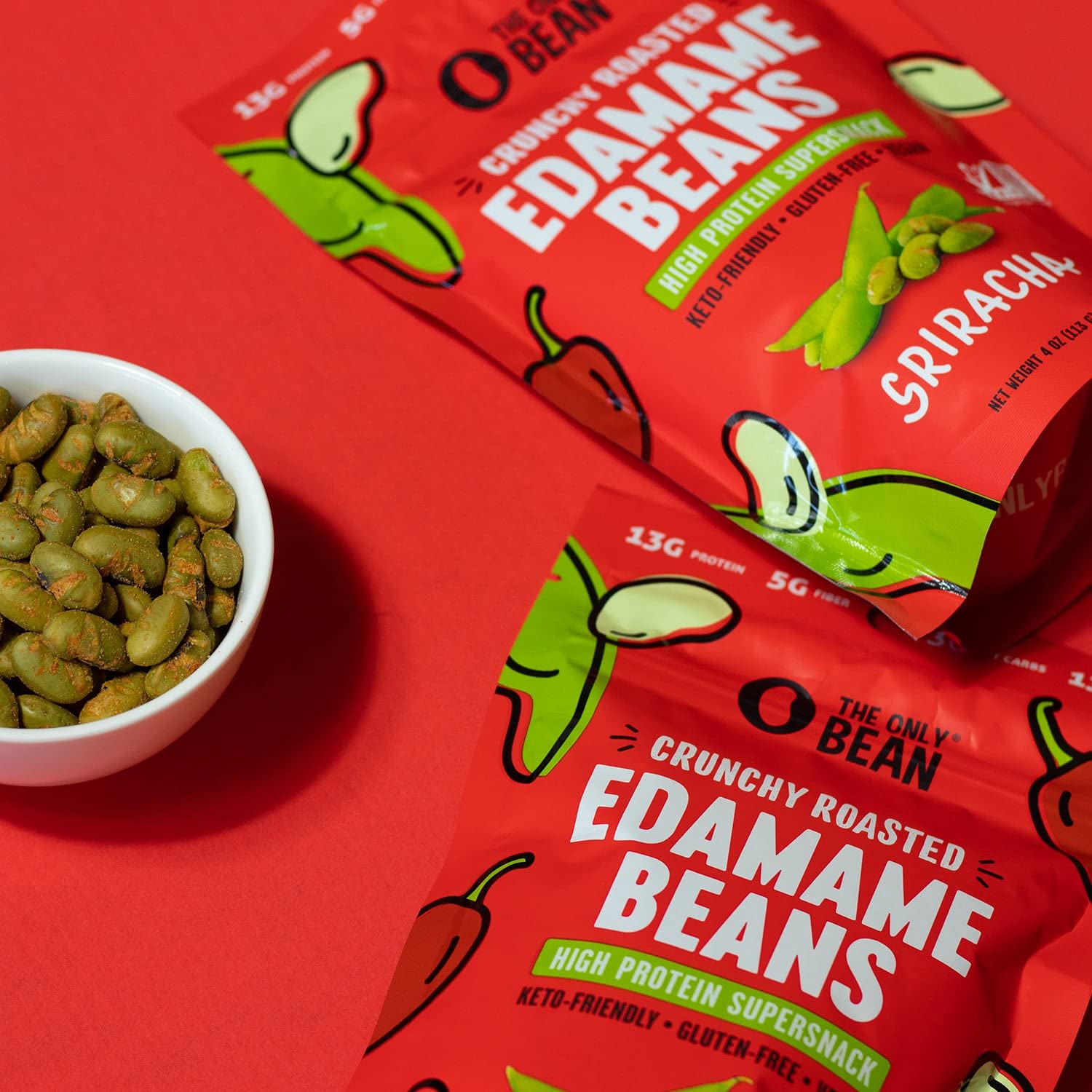 Crunchy Roasted Edamame Snacks - Sriracha Flavor | High Protein (13g), Keto Friendly (2g Net Carbs), Vegan & Plant-Based | Perfect for Office Snacks, Healthy On-the-Go Protein Chips, Post-Workout Fuel & Spicy Snack Lovers | 4oz (3 Pack)