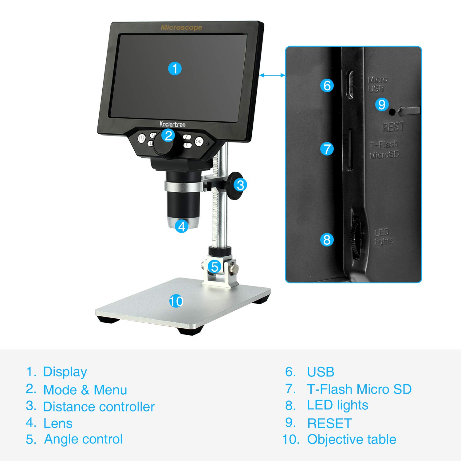 Koolertron 7 Inch LCD Digital Microscope - 12MP 1080P Magnification 1-1200X with 8 LED Lights & Rechargeable Battery - Ideal for PCB Soldering, Coin Collecting, Rock/Insect Observation, Watch Repair & Hobbyist Use