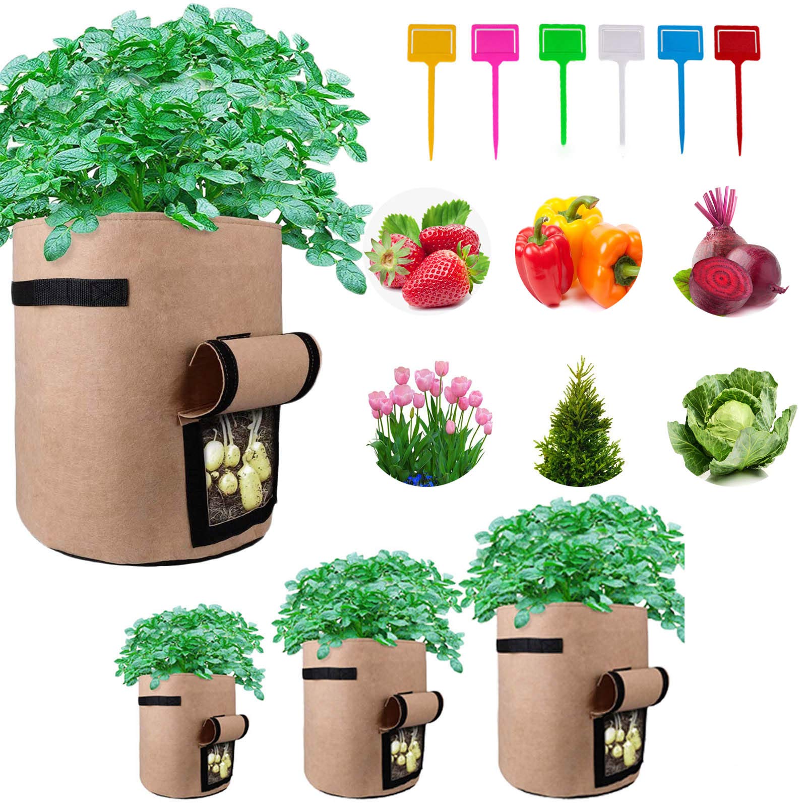 HSONLINE 10 Gallon Grow Bags 2-Pack - Heavy Duty Fabric Plant Pots with Access Flap & Handles for Potatoes, Vegetables, Fruits - Aeration Garden Containers for Carrots, Onions, Tomatoes - Perfect for Indoor/Outdoor Gardening, Balcony & Patio Planting (Brown)