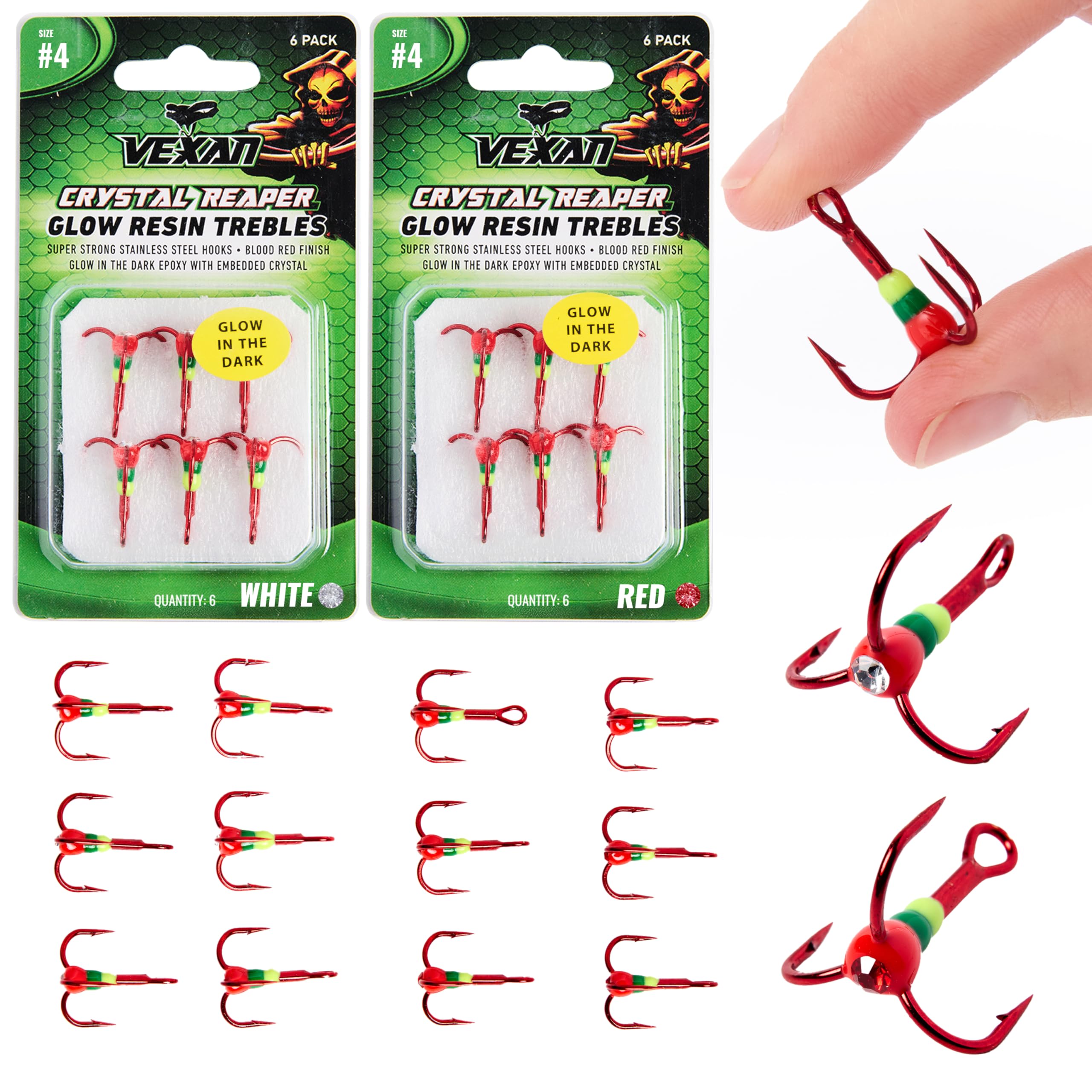 Vexan Glow Crystal Treble Fishing Hooks - High Carbon Steel Saltwater & Freshwater Hooks - Ultra Sharp & Durable for Bass, Trout, Salmon - Perfect for Night Fishing & Deep Sea Angling