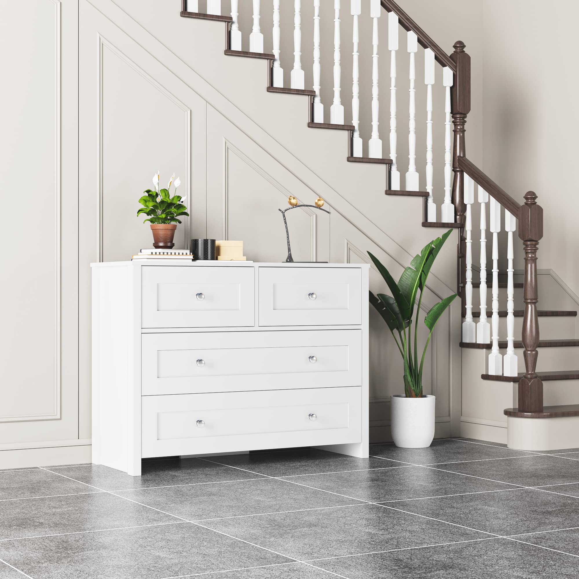 Modern White Dresser with 4 Wide Drawers - Wooden Chest of Drawers for Bedroom, Hallway, Living Room & Closet Organization | Perfect for Home Storage & Bedroom Decor