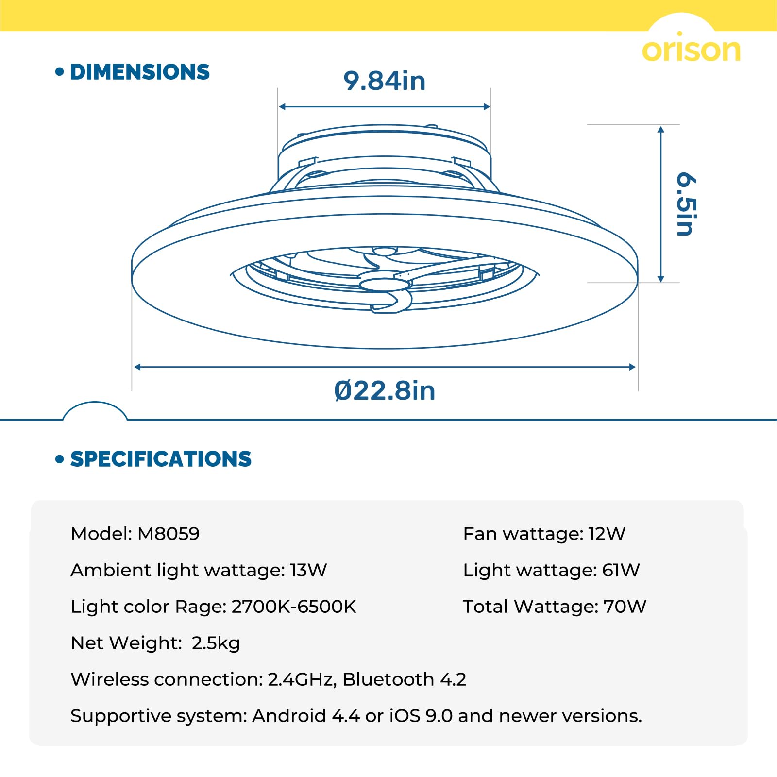 Orison 23-inch Bladeless Ceiling Fan with Lights - Dimmable LED, Remote Control, 3 Light Colors & 6 Speeds, 8 Reversible Blades - Perfect for Living Room, Bedroom, Kids Room & Home Office
