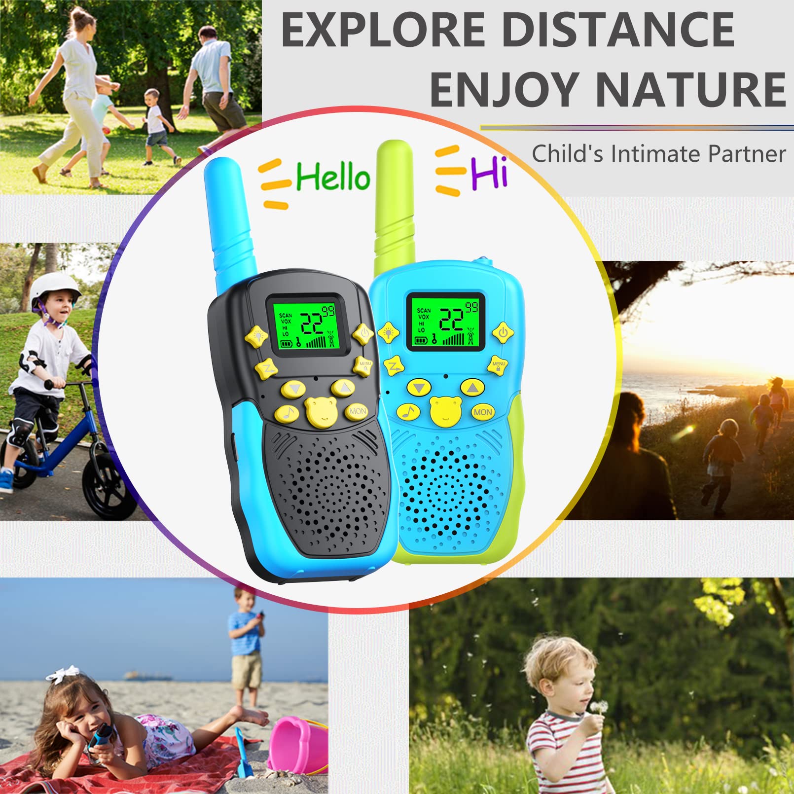 Kids Walkie Talkies Rechargeable 3 Pack - 22 Channel Long Range Two Way Radios for Boys & Girls Ages 3-12 - Perfect for Outdoor Adventures, Camping, Hiking, Birthday & Holiday Gifts (Blue, Black, Pink)