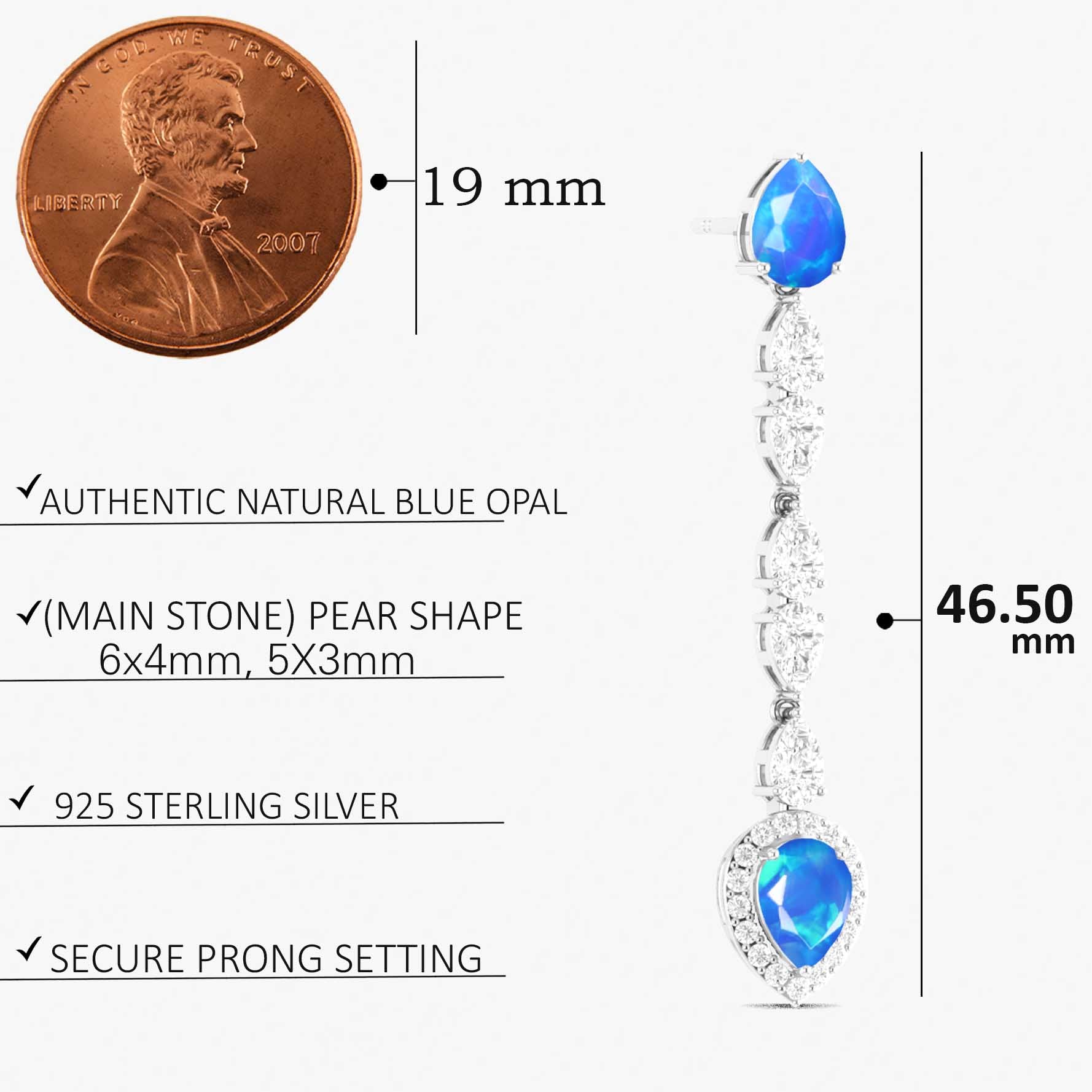 Natural Blue Opal Long Drop Stud Earrings for Women - Elegant Dangle Earrings for Party, Wedding & Everyday Wear